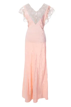 1930s Salmon Pink Silk Vintage Nightgown with Lace Trim