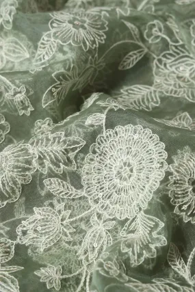 3 Meter Cut Piece Of White Thread With Gold Sequins Floral Embroidery On Olive Organza Fabric