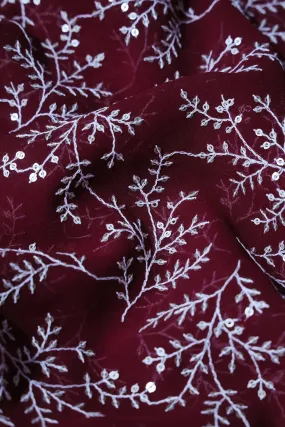 3 Meter Cut Piece Of White Thread With Gold Sequins Leafy Embroidery On Maroon Georgette Fabric