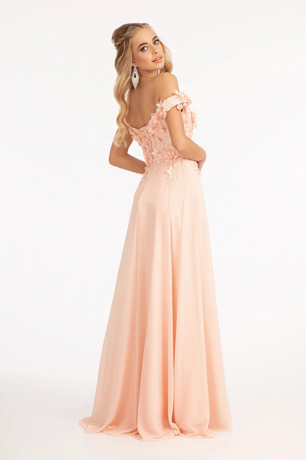 3D Floral Off Shoulder Slit Gown by Elizabeth K GL3018