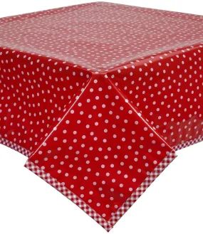 48 x 48 Dot White on Red Oilcloth Tablecloth with Red Gingham Trim