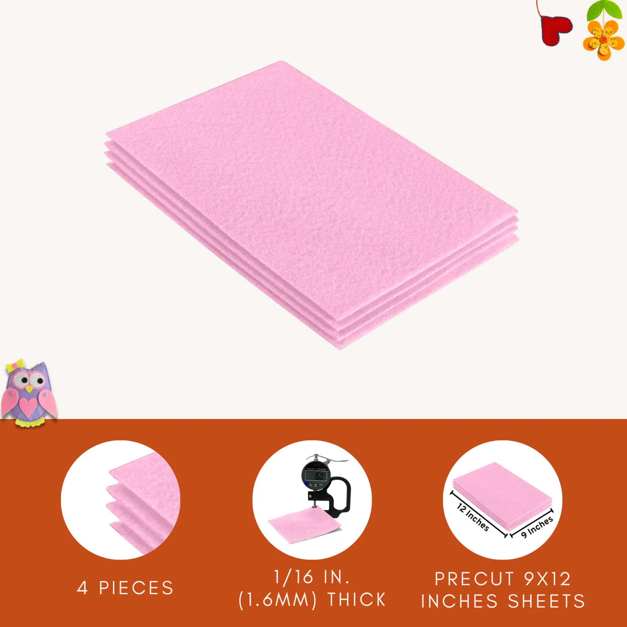 Acrylic Felt 9"X12" Sheet Packs | Baby Pink