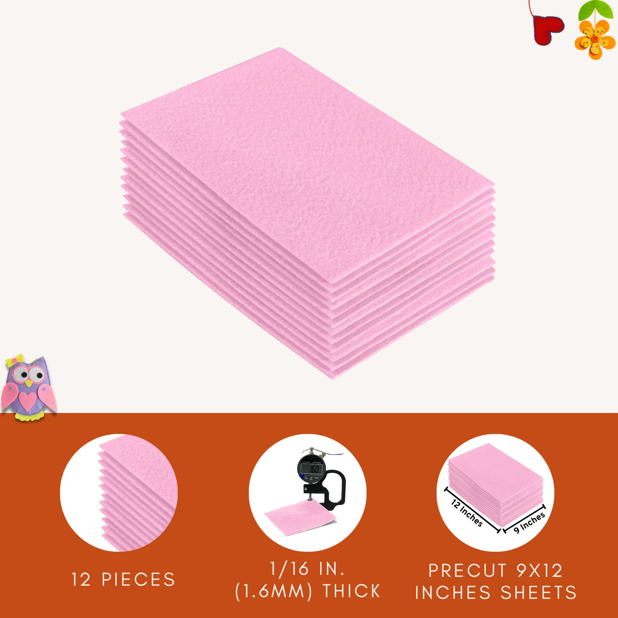 Acrylic Felt 9"X12" Sheet Packs | Baby Pink