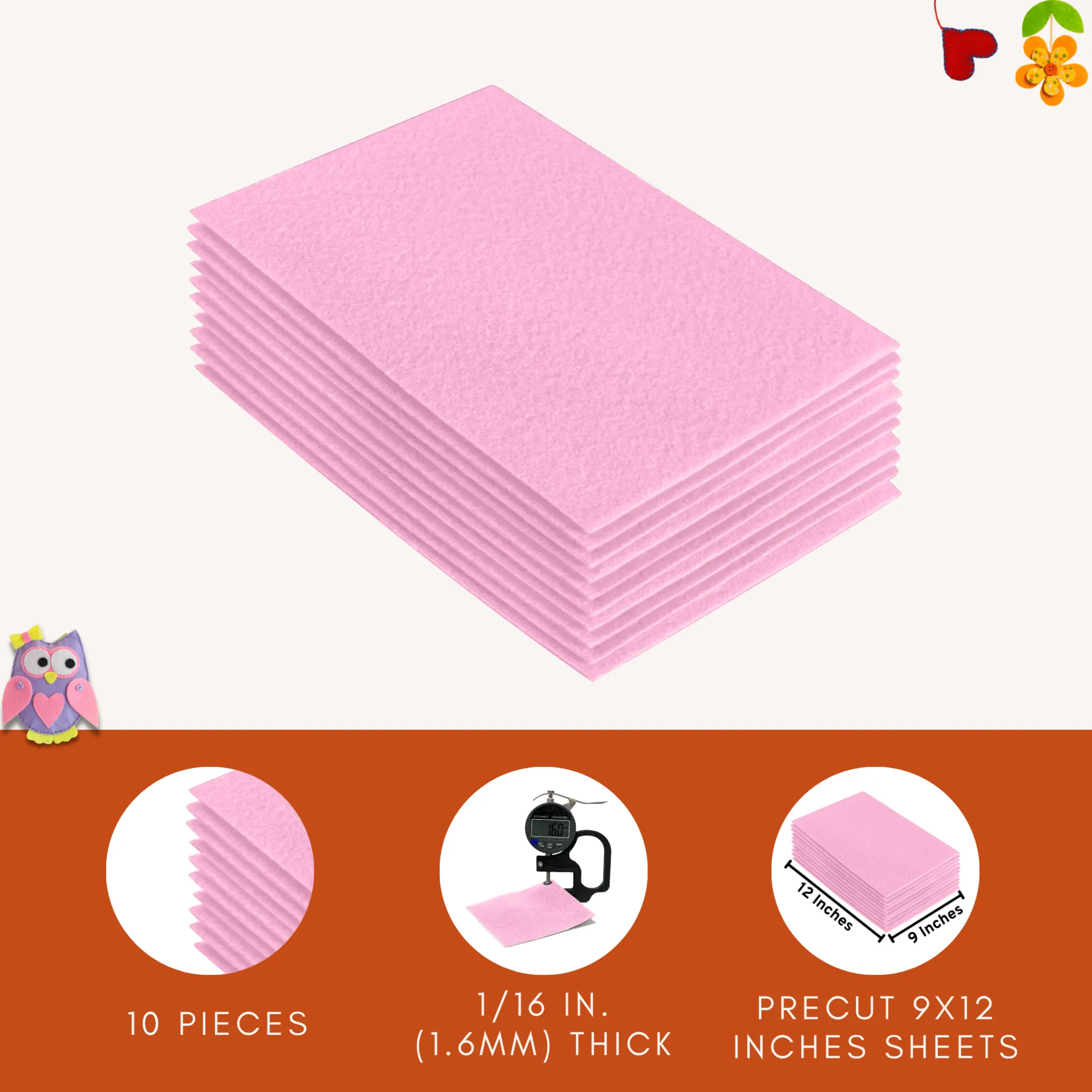 Acrylic Felt 9"X12" Sheet Packs | Baby Pink