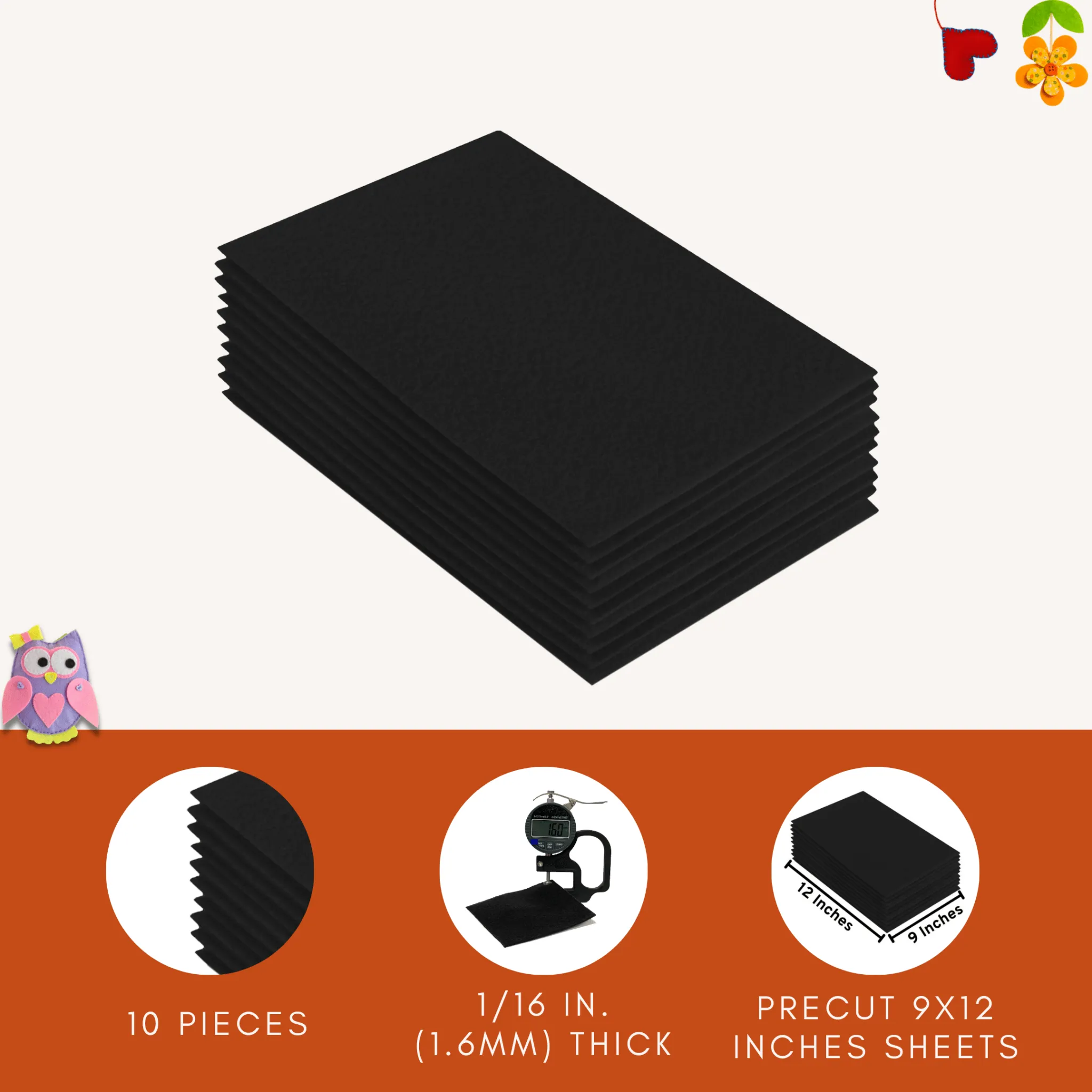 Acrylic Felt 9"X12" Sheet Packs | Black