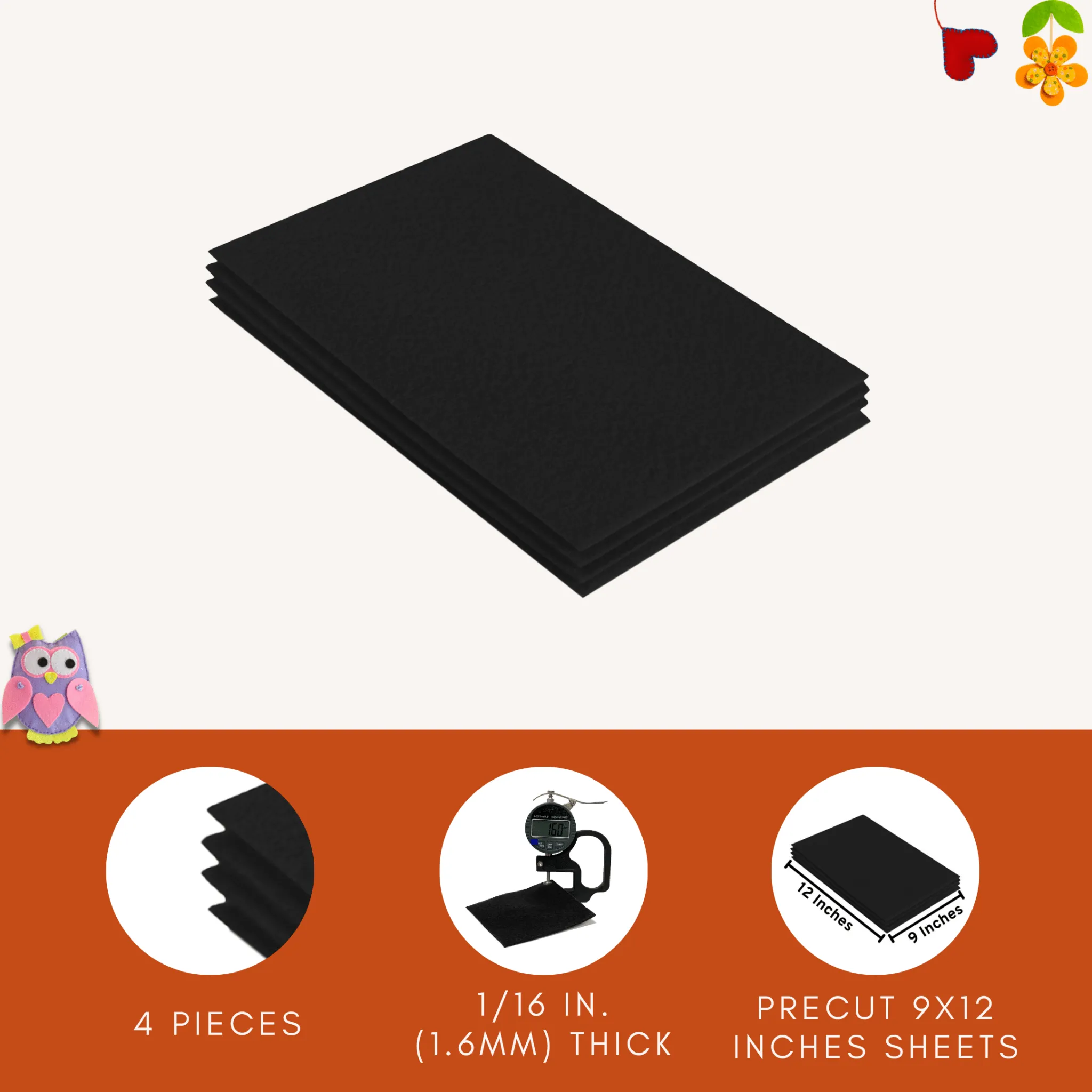 Acrylic Felt 9"X12" Sheet Packs | Black