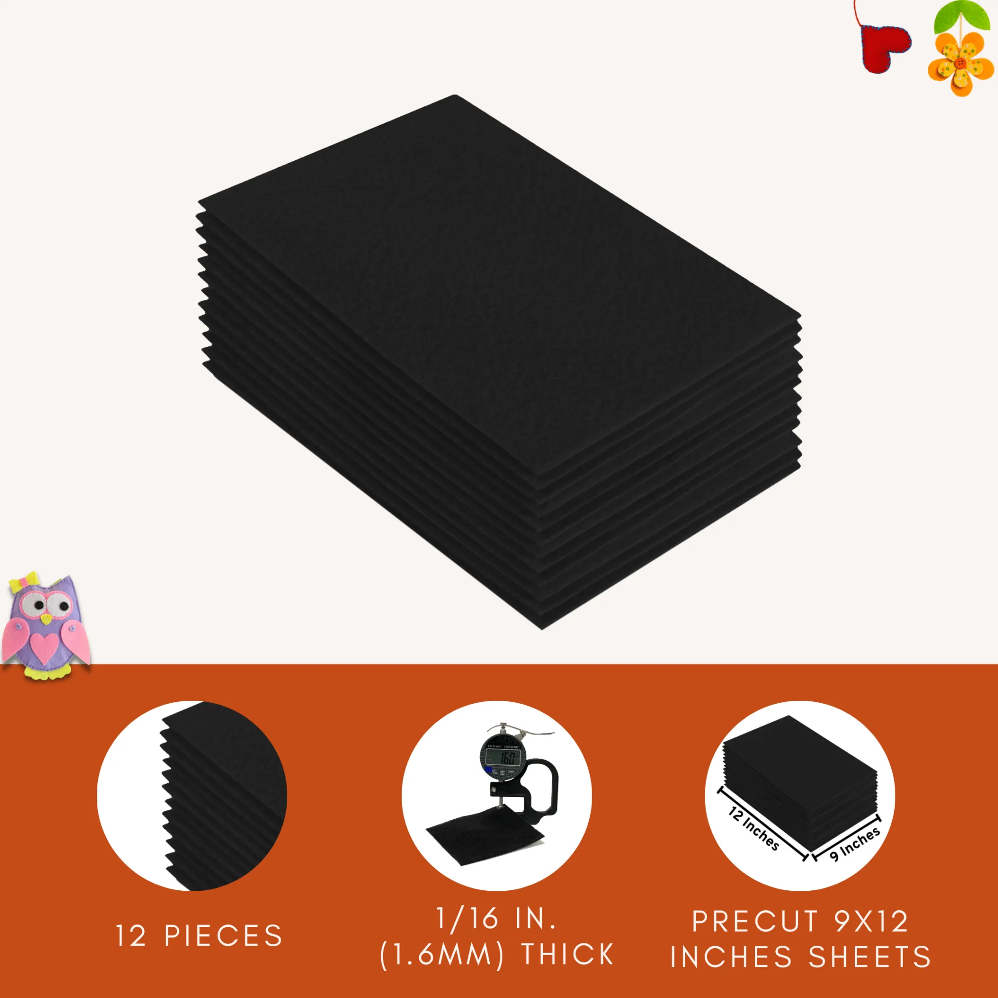 Acrylic Felt 9"X12" Sheet Packs | Black