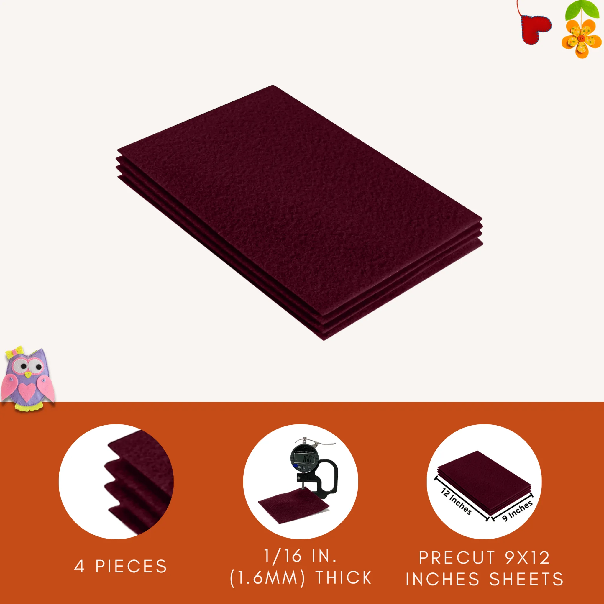 Acrylic Felt 9"X12" Sheet Packs | Burgundy