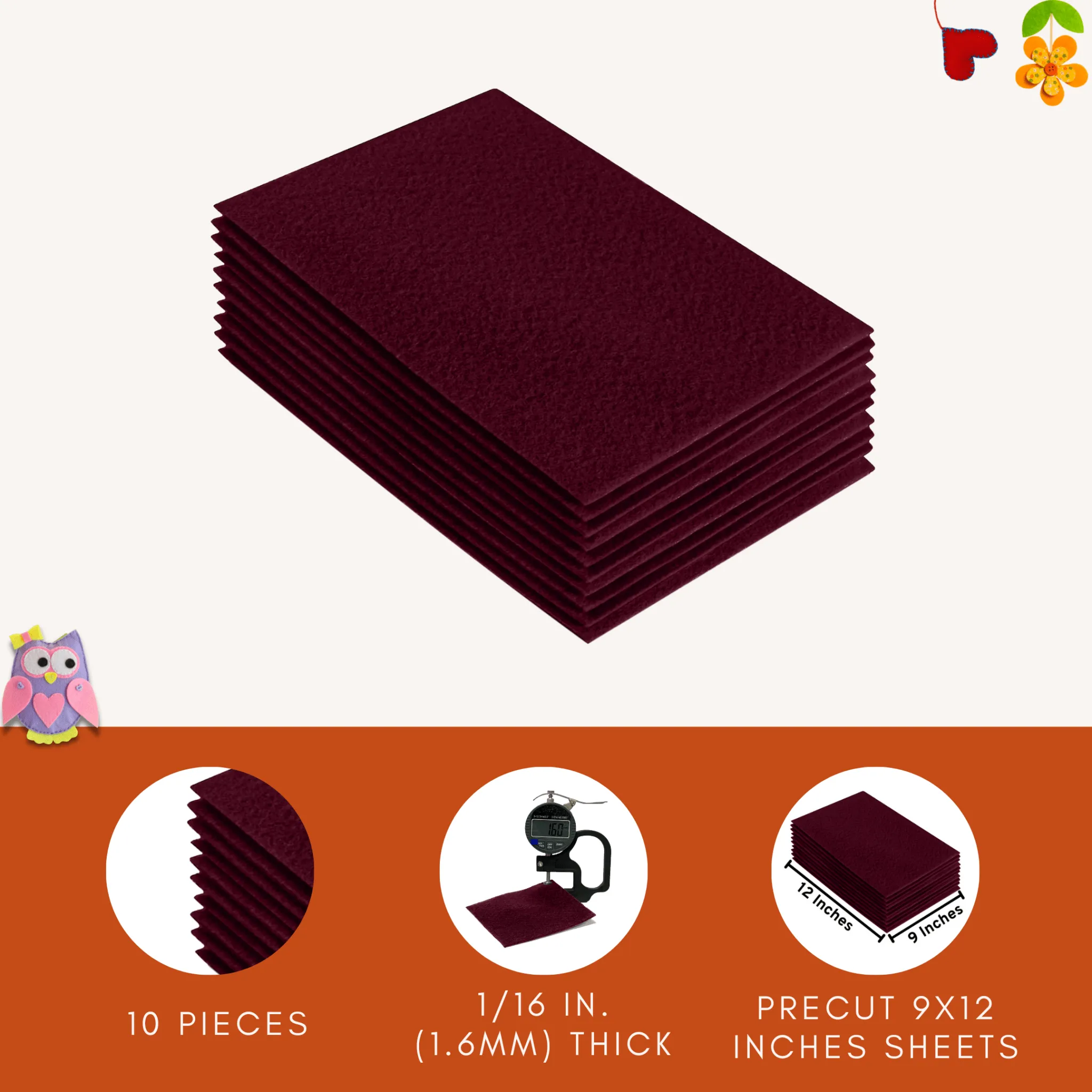 Acrylic Felt 9"X12" Sheet Packs | Burgundy