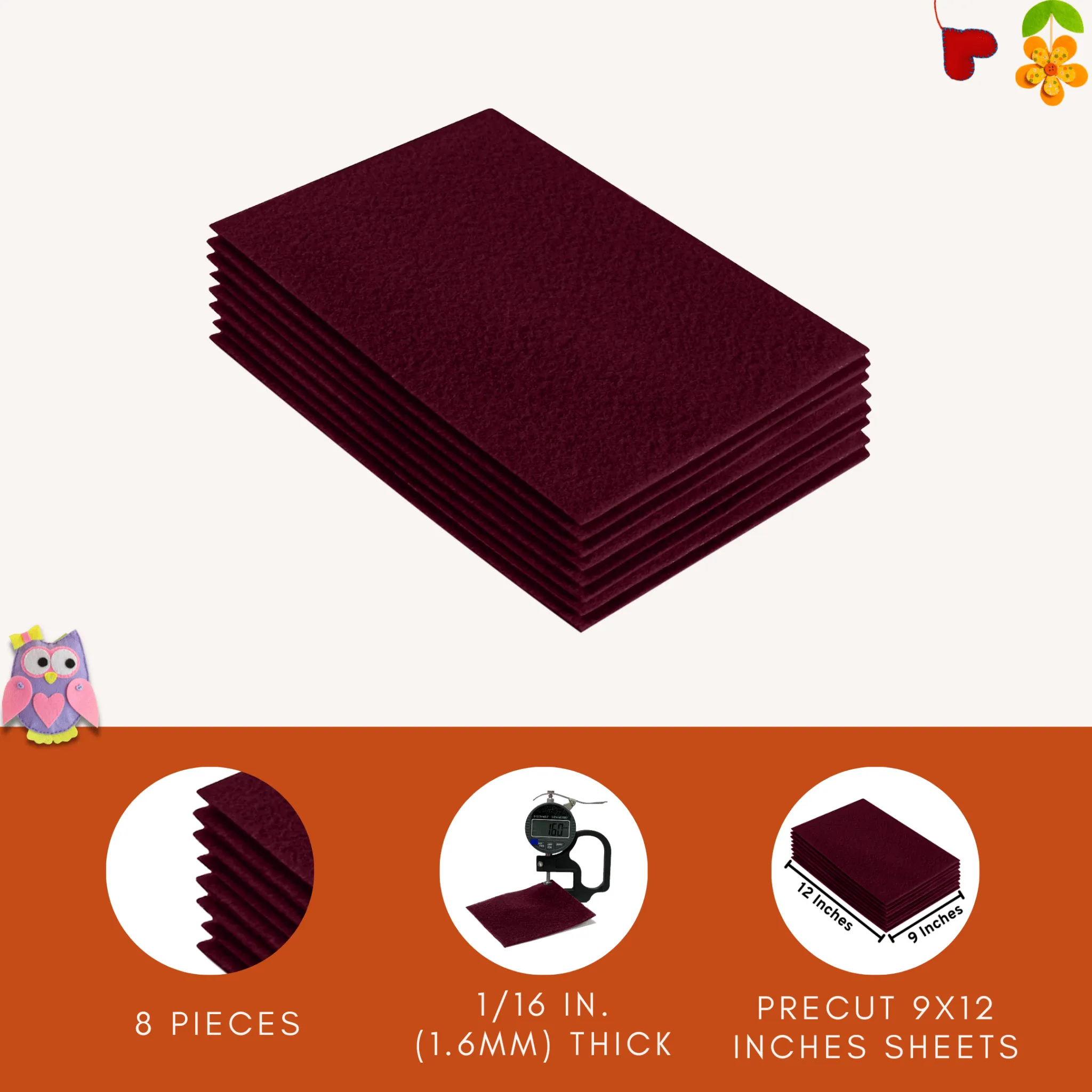 Acrylic Felt 9"X12" Sheet Packs | Burgundy