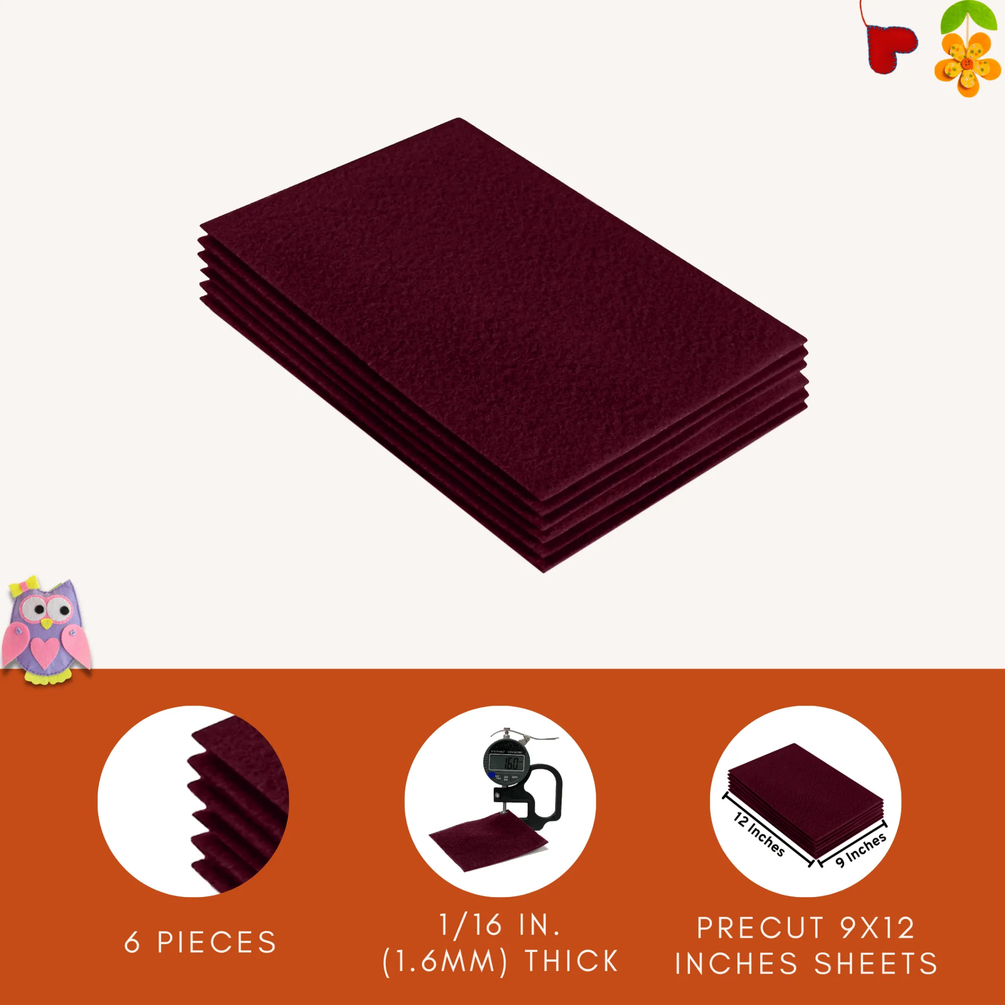 Acrylic Felt 9"X12" Sheet Packs | Burgundy