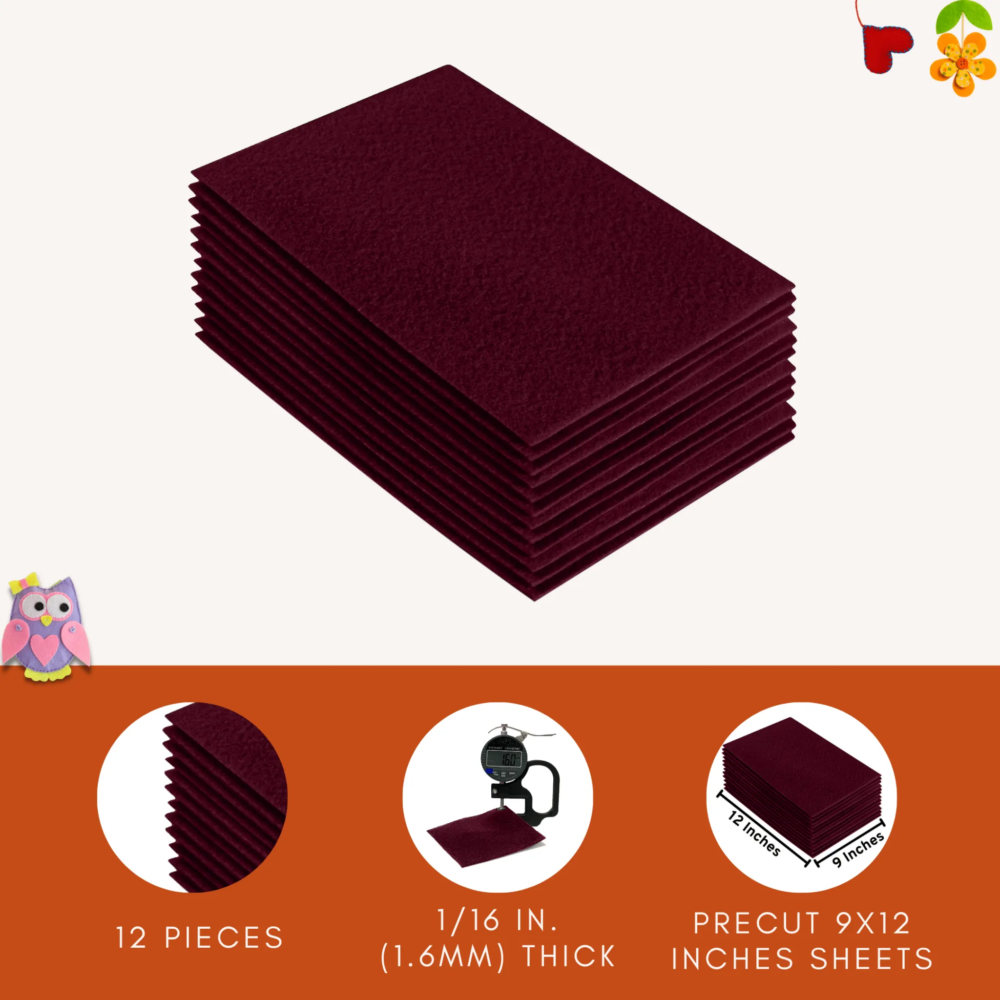 Acrylic Felt 9"X12" Sheet Packs | Burgundy