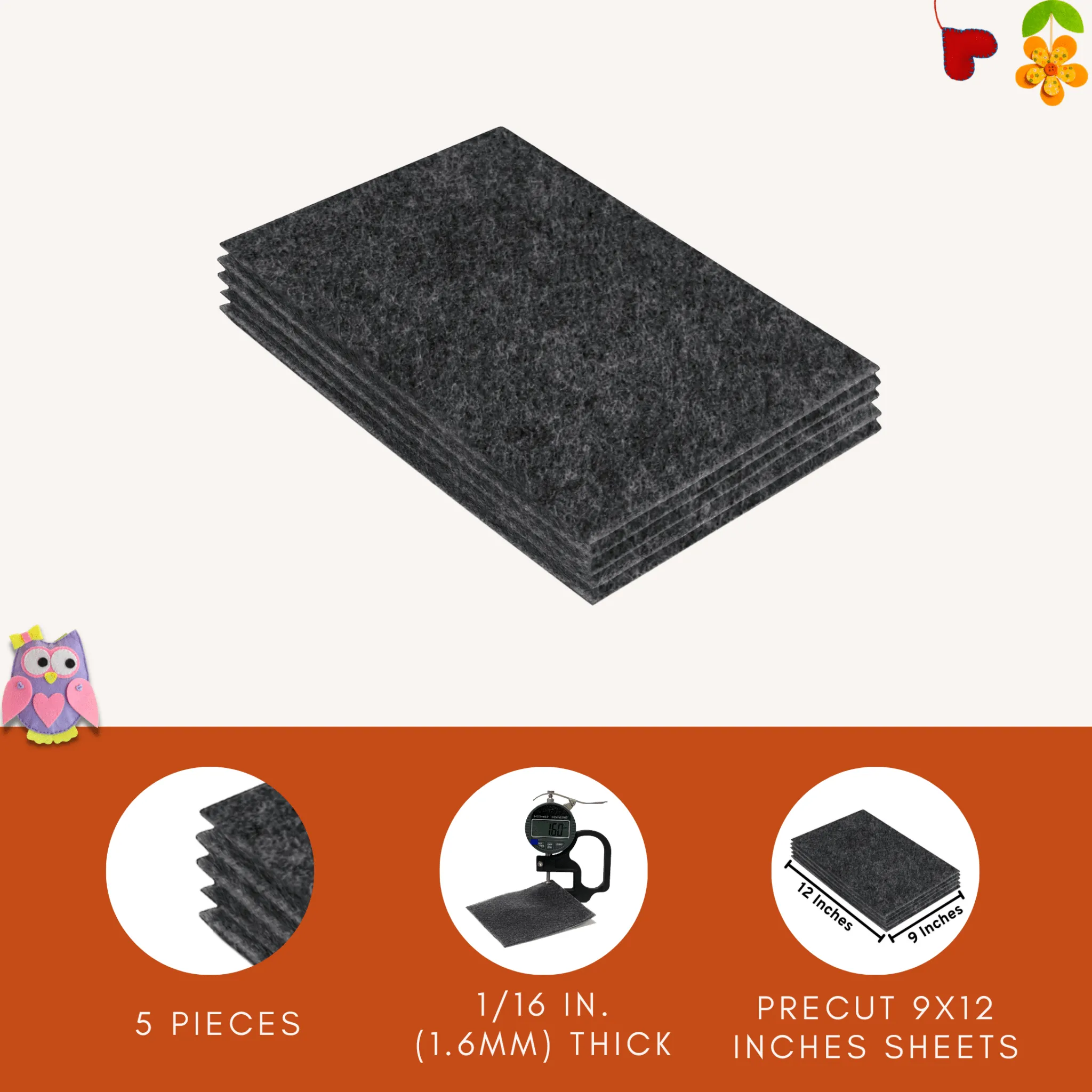 Acrylic Felt 9"X12" Sheet Packs | Charcoal