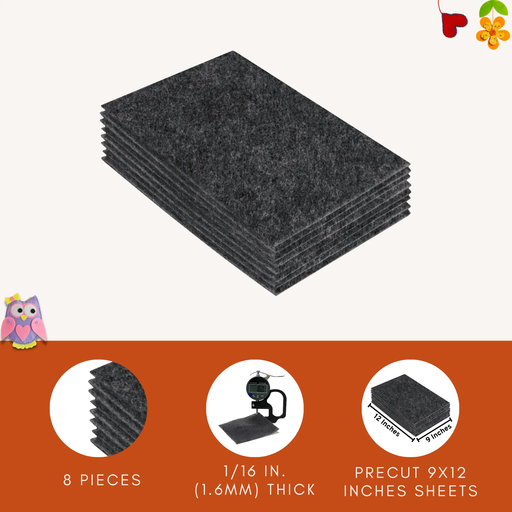 Acrylic Felt 9"X12" Sheet Packs | Charcoal