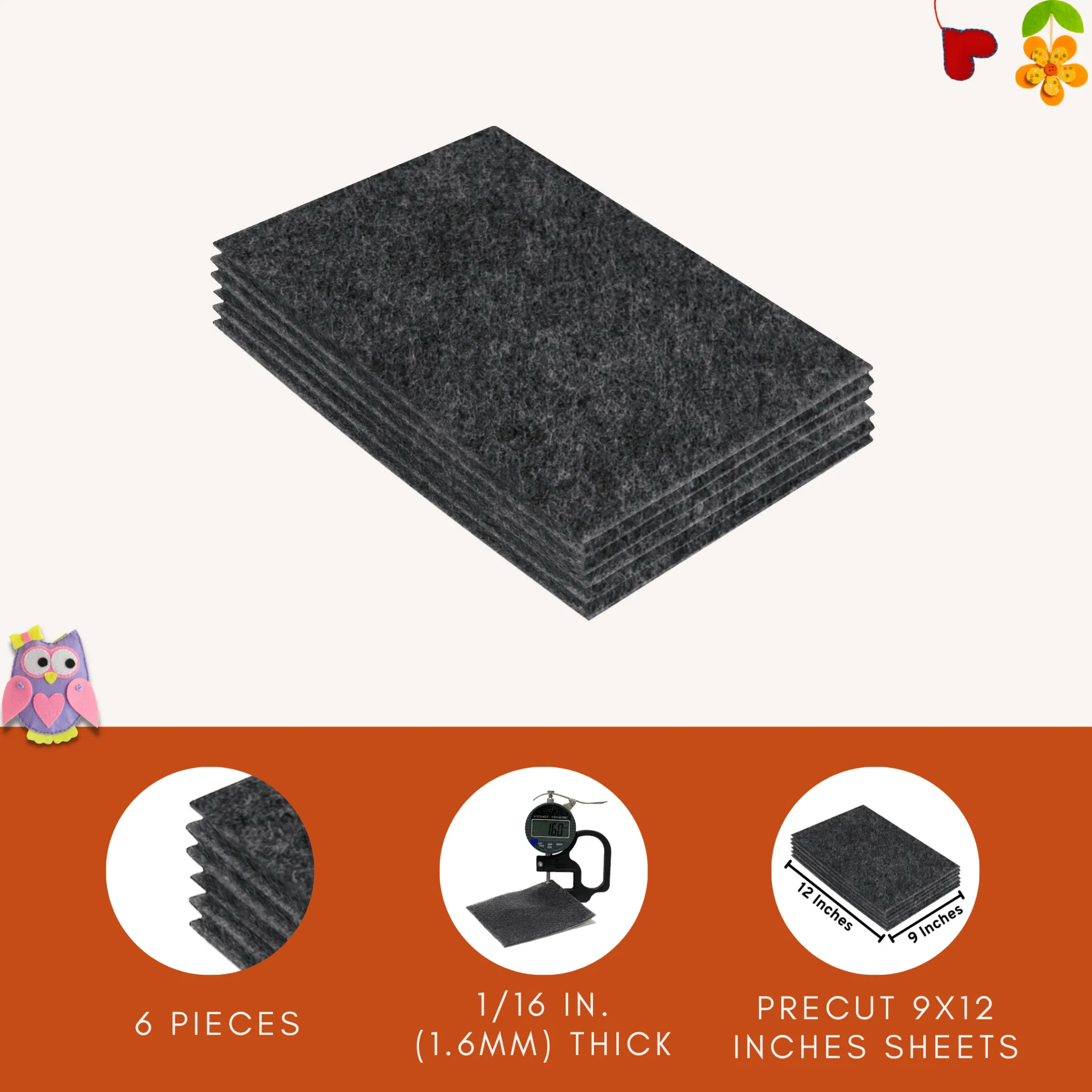 Acrylic Felt 9"X12" Sheet Packs | Charcoal