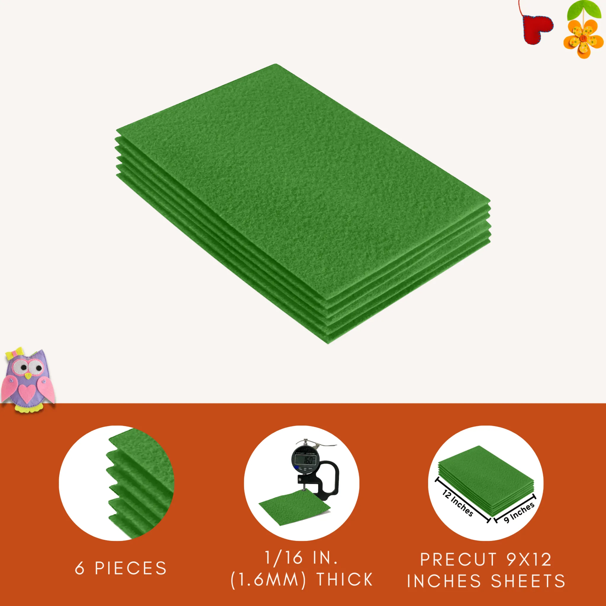 Acrylic Felt 9"X12" Sheet Packs | Green