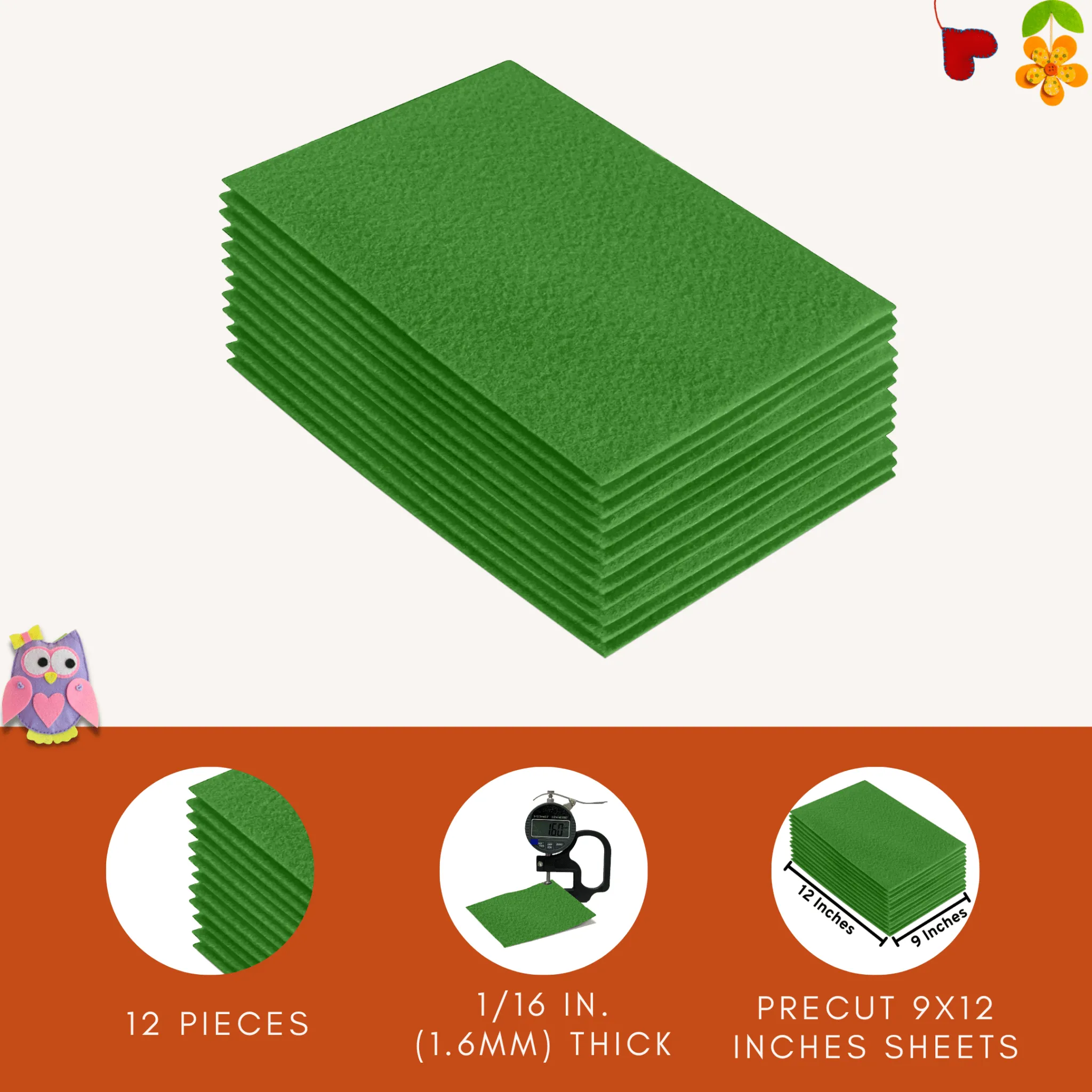 Acrylic Felt 9"X12" Sheet Packs | Green