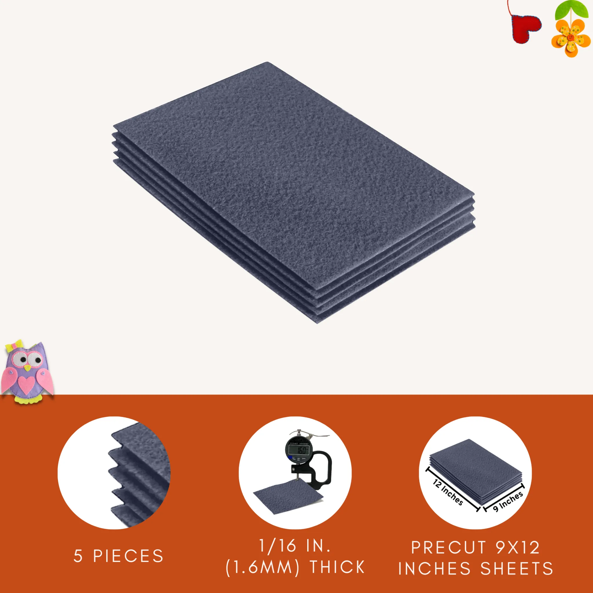 Acrylic Felt 9"X12" Sheet Packs | Heather Grey