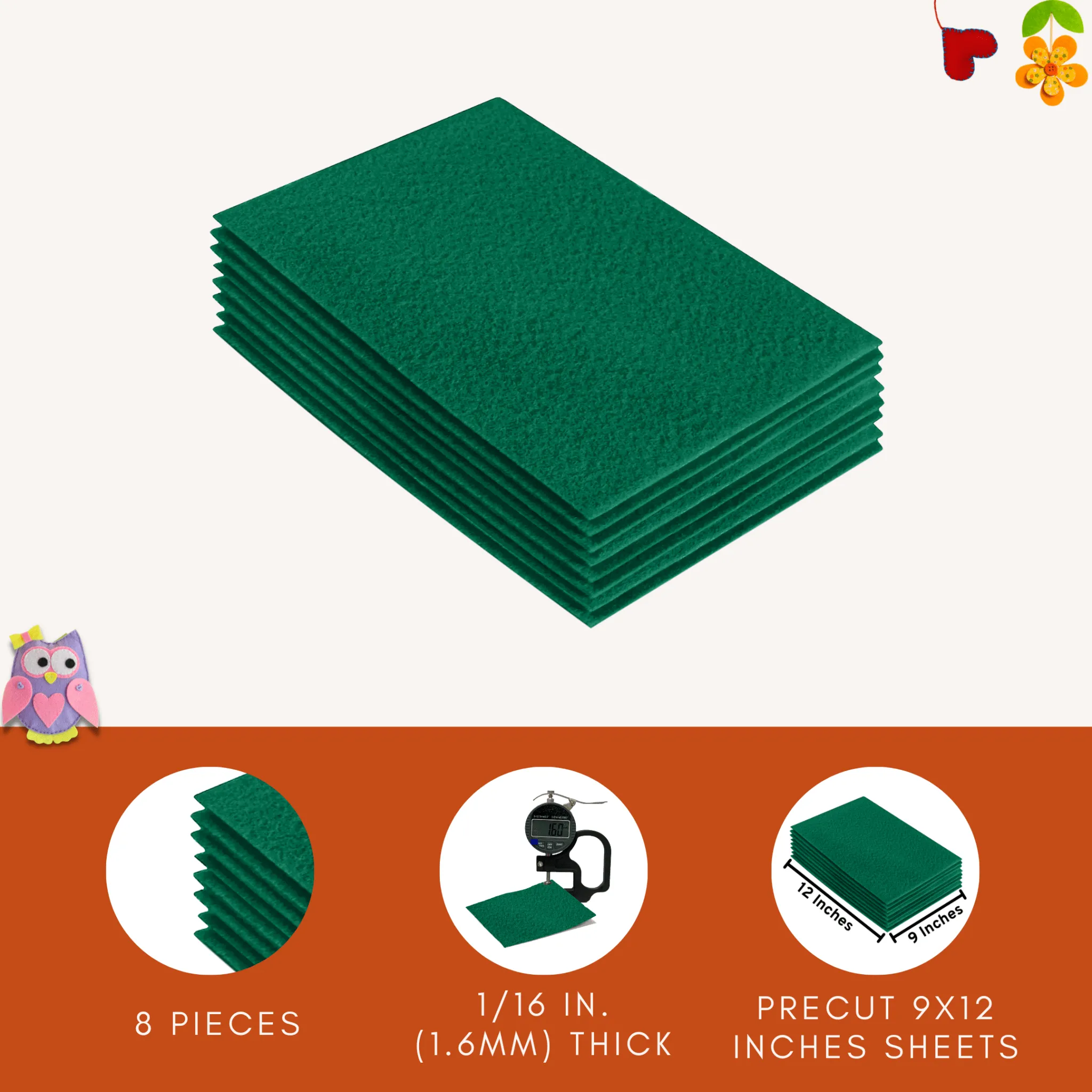 Acrylic Felt 9"X12" Sheet Packs | Kelly Green