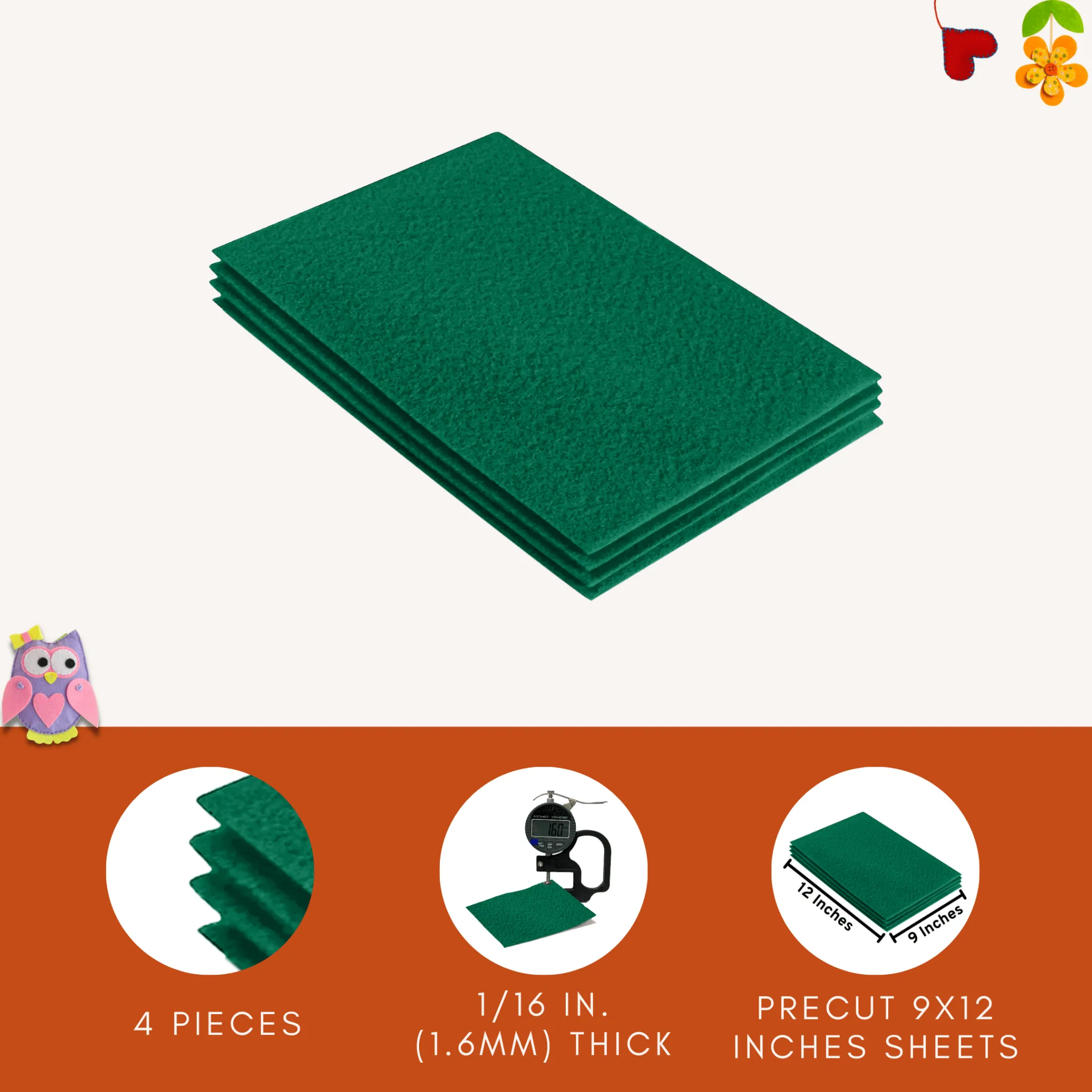 Acrylic Felt 9"X12" Sheet Packs | Kelly Green