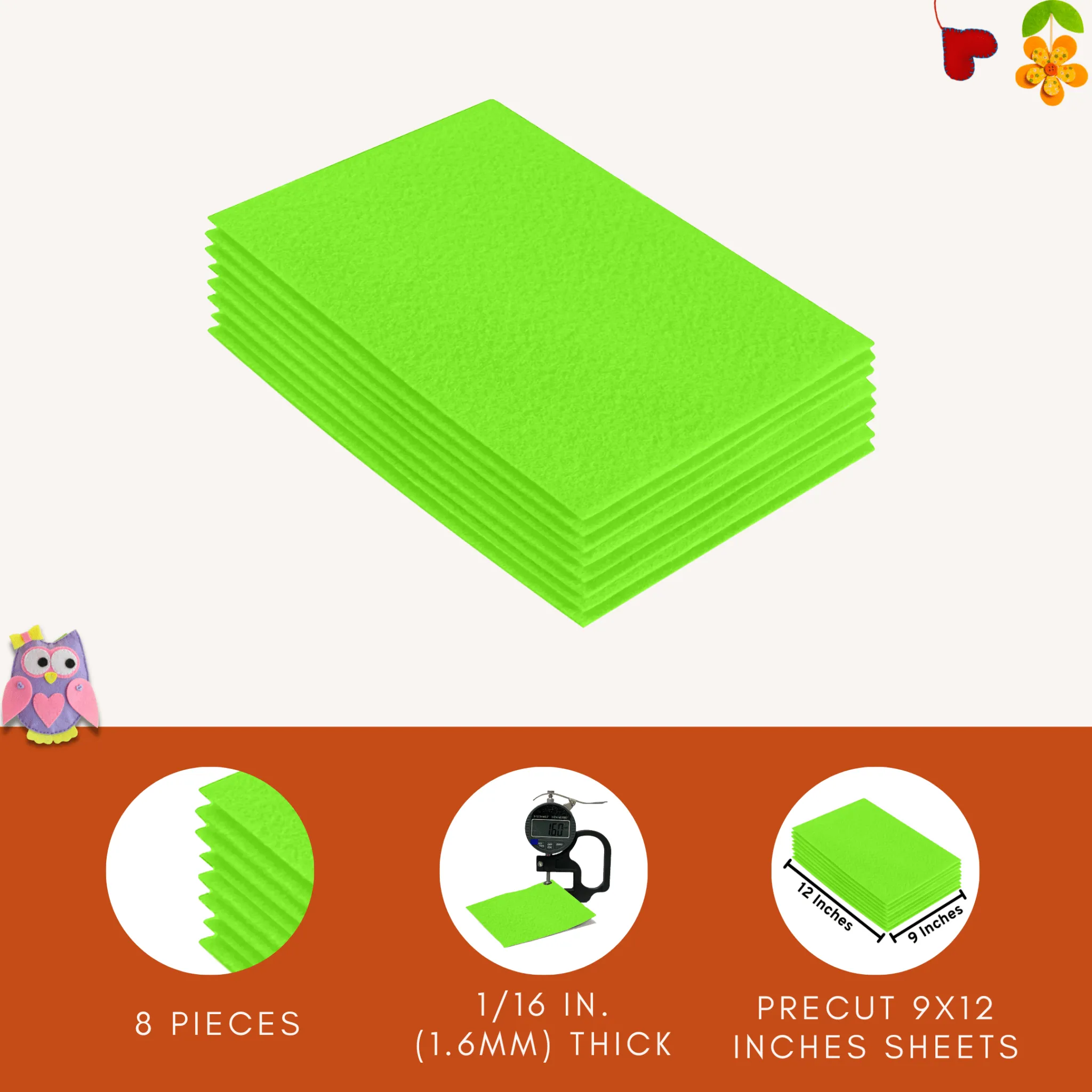 Acrylic Felt 9"X12" Sheet Packs | Neon Green