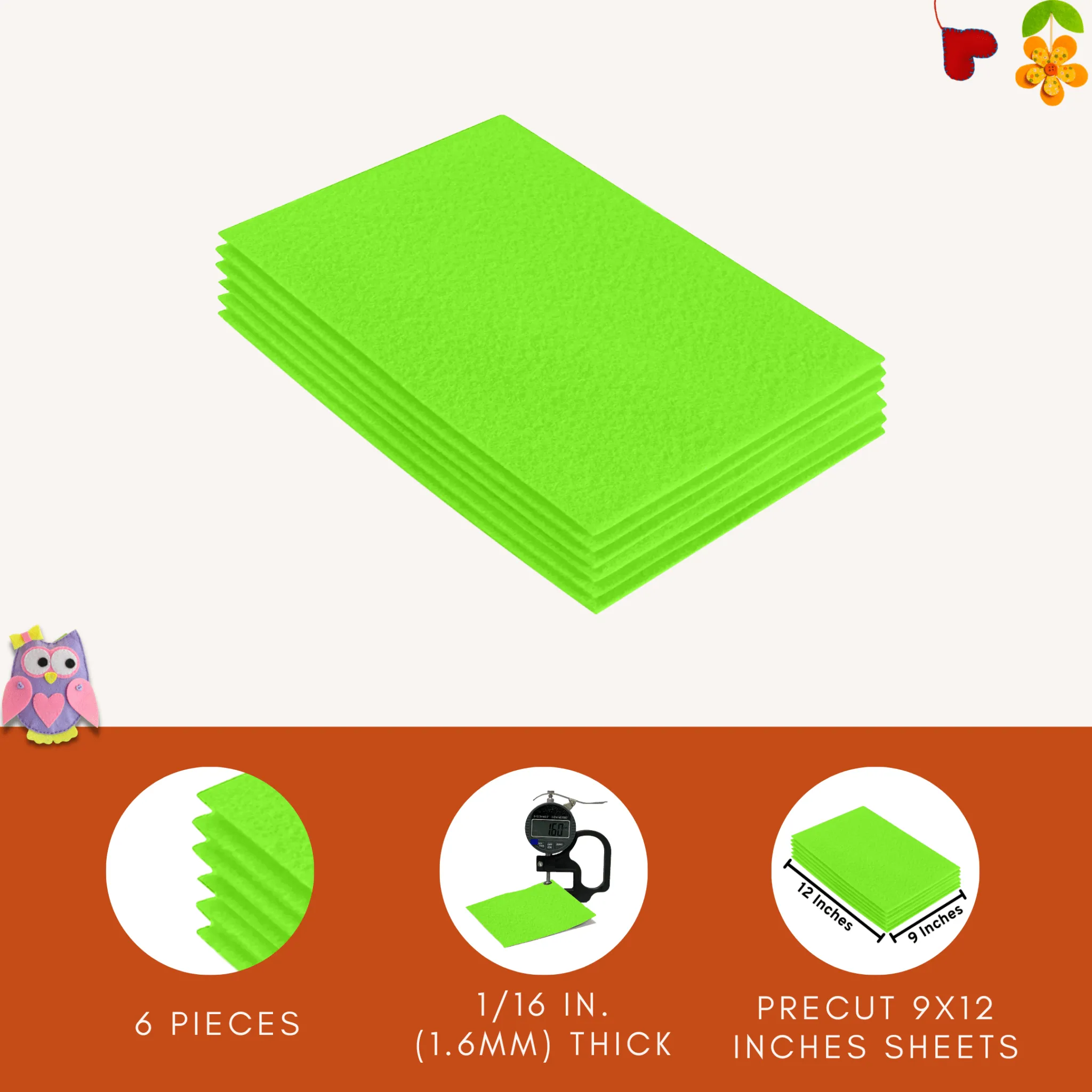 Acrylic Felt 9"X12" Sheet Packs | Neon Green