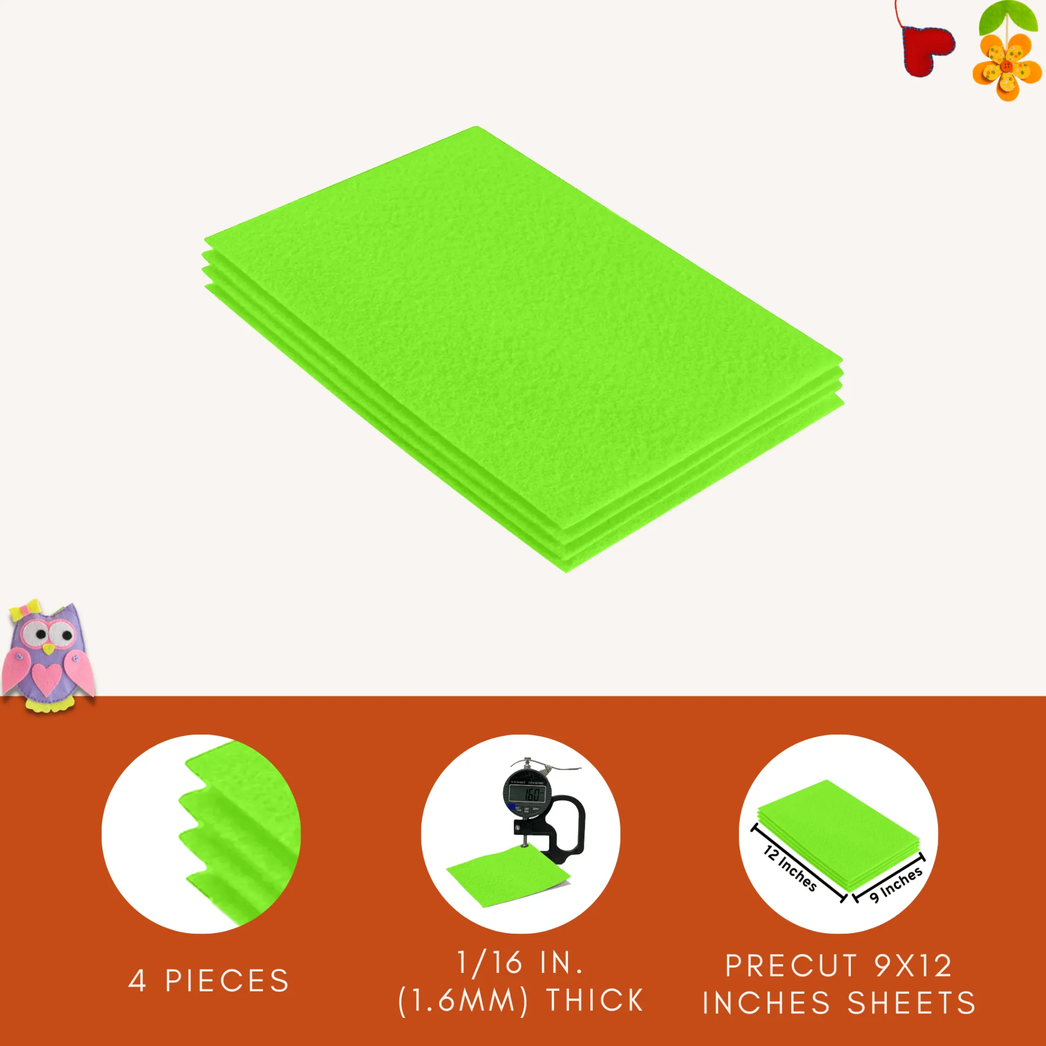 Acrylic Felt 9"X12" Sheet Packs | Neon Green