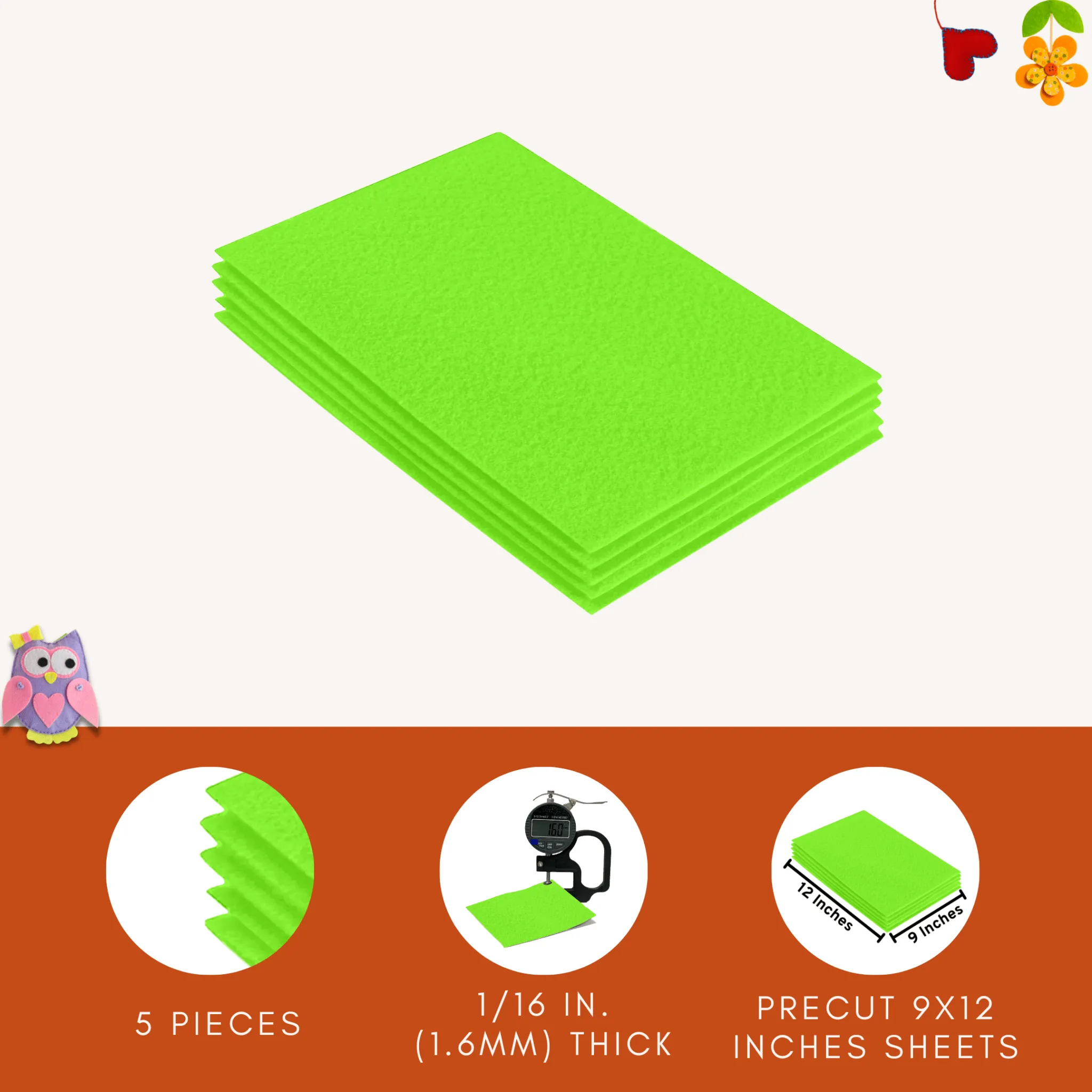 Acrylic Felt 9"X12" Sheet Packs | Neon Green