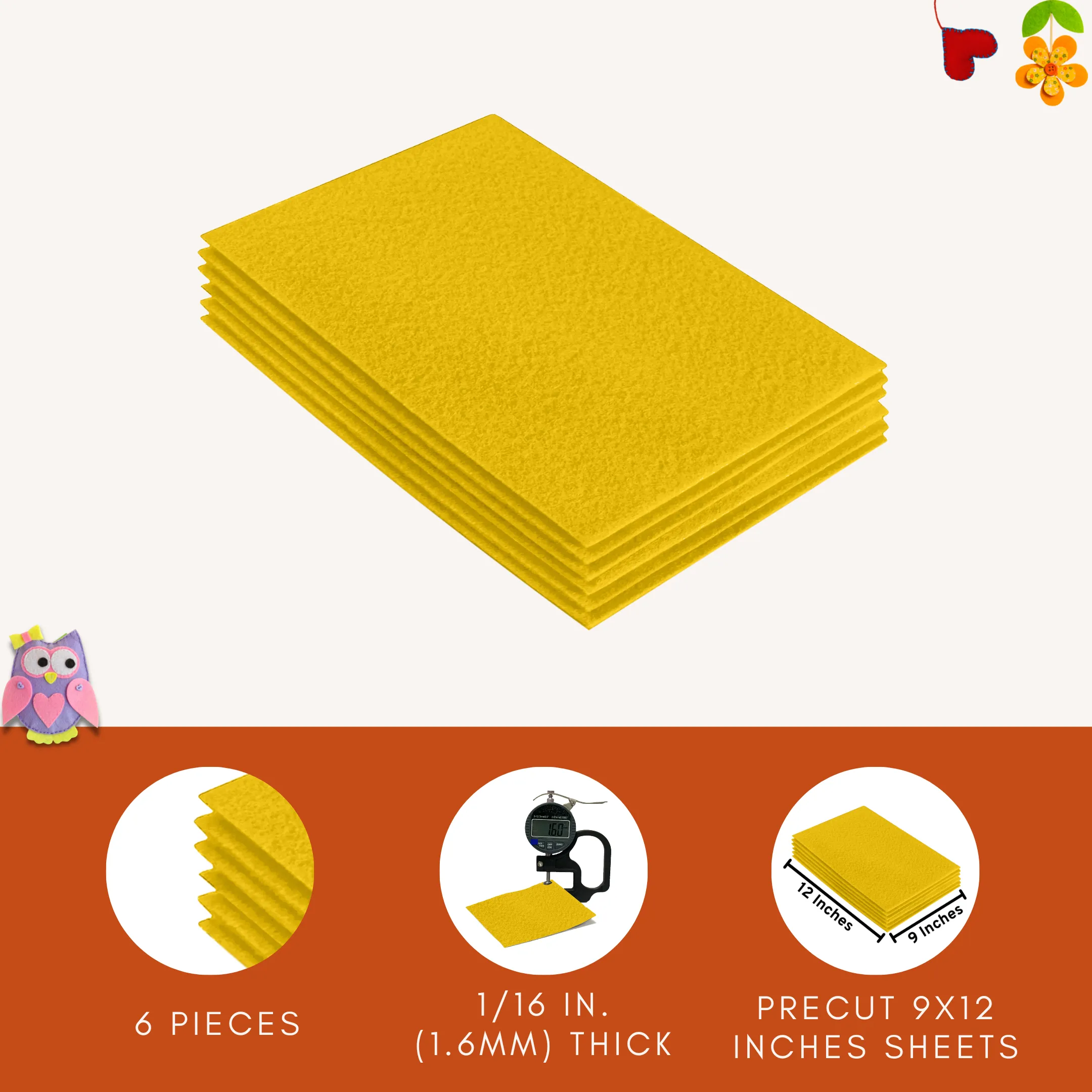 Acrylic Felt 9"X12" Sheet Packs | Yellow