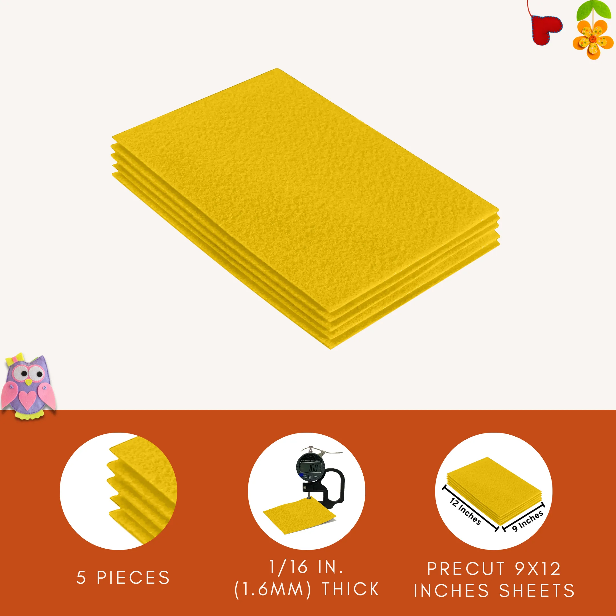 Acrylic Felt 9"X12" Sheet Packs | Yellow