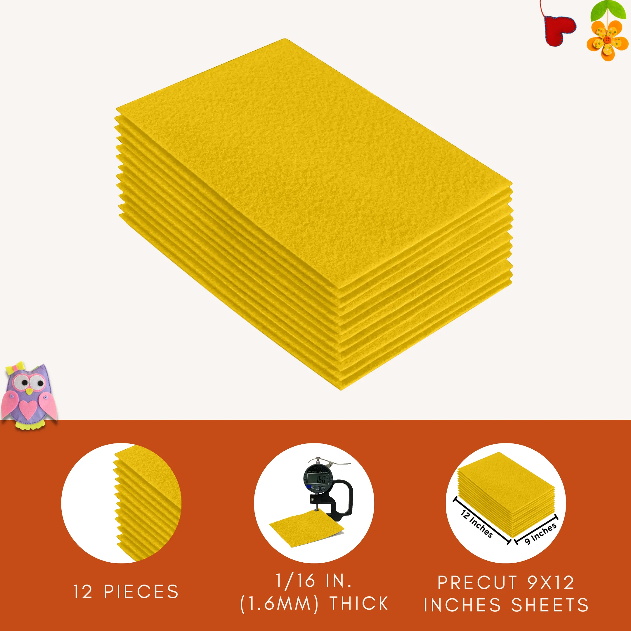 Acrylic Felt 9"X12" Sheet Packs | Yellow