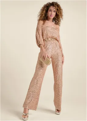 Allover Sequin Jumpsuit - Rose Gold