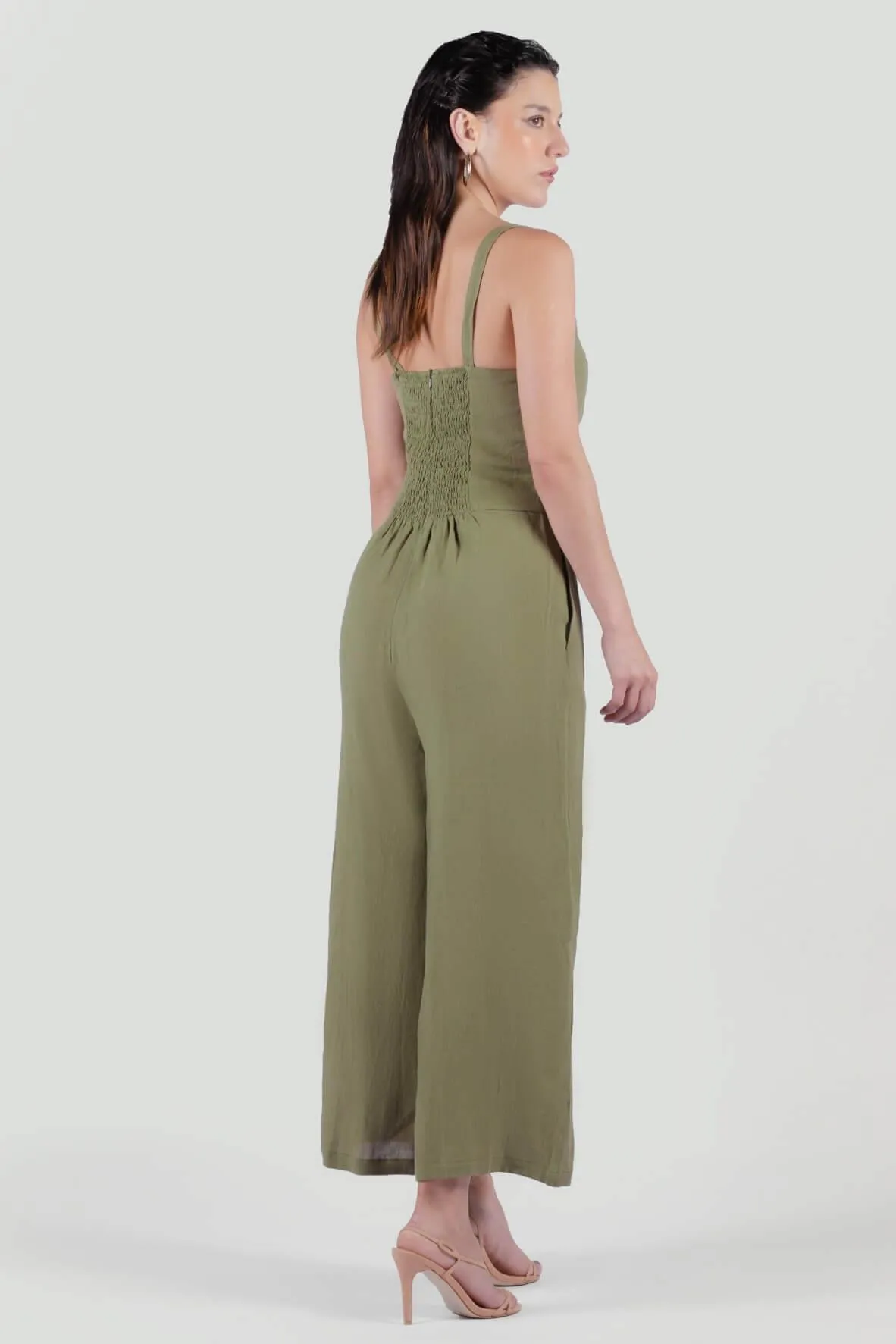 Amber Front Button Overall Jumpsuit in Khaki