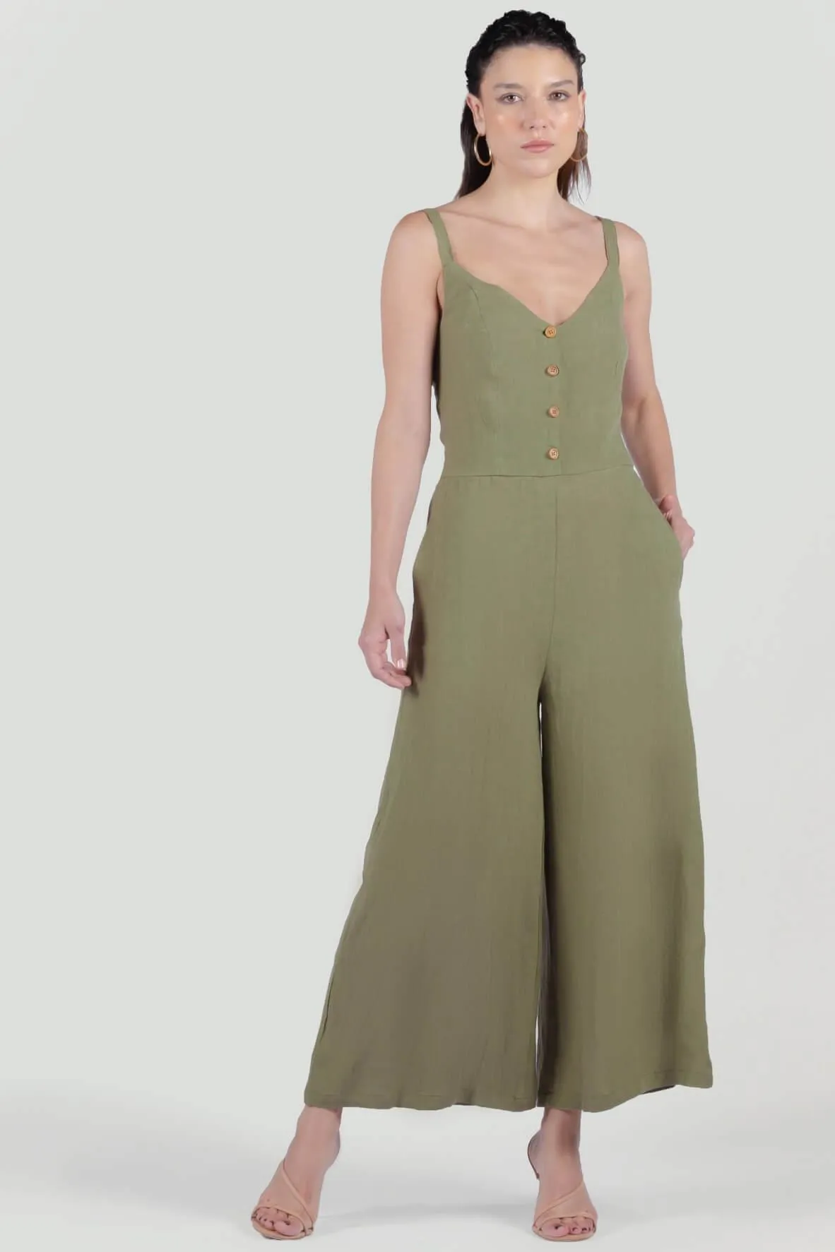 Amber Front Button Overall Jumpsuit in Khaki