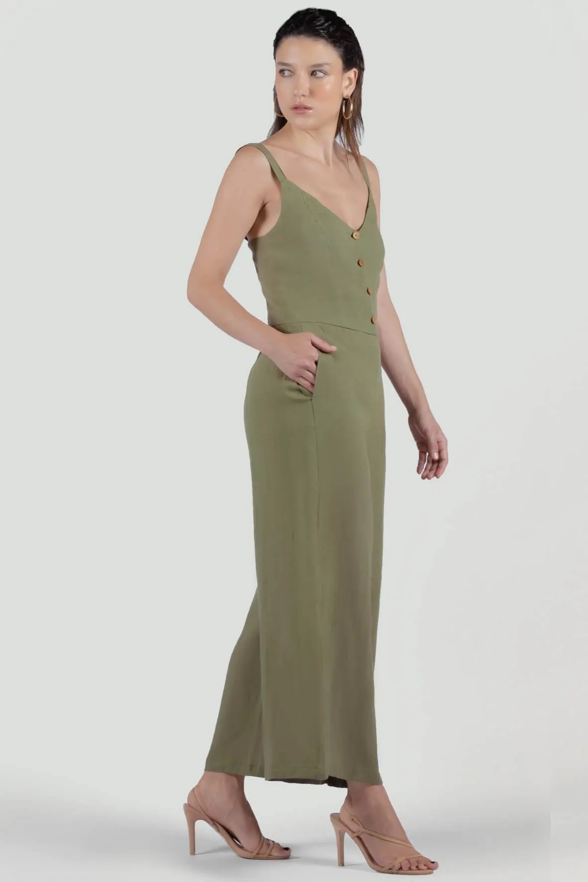 Amber Front Button Overall Jumpsuit in Khaki