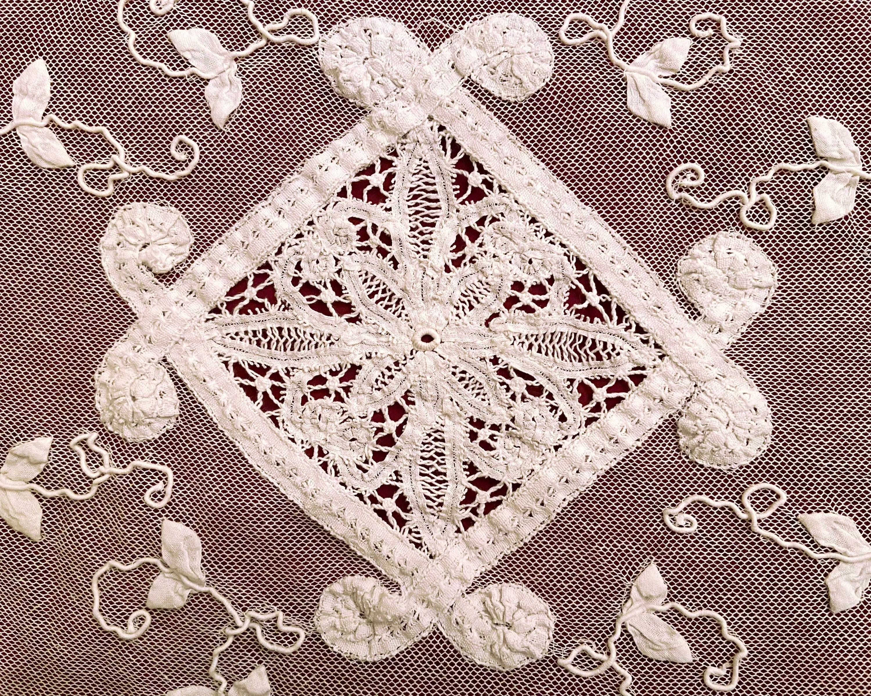 Antique French Tambour Lace Bedspread Floral Applique on Net