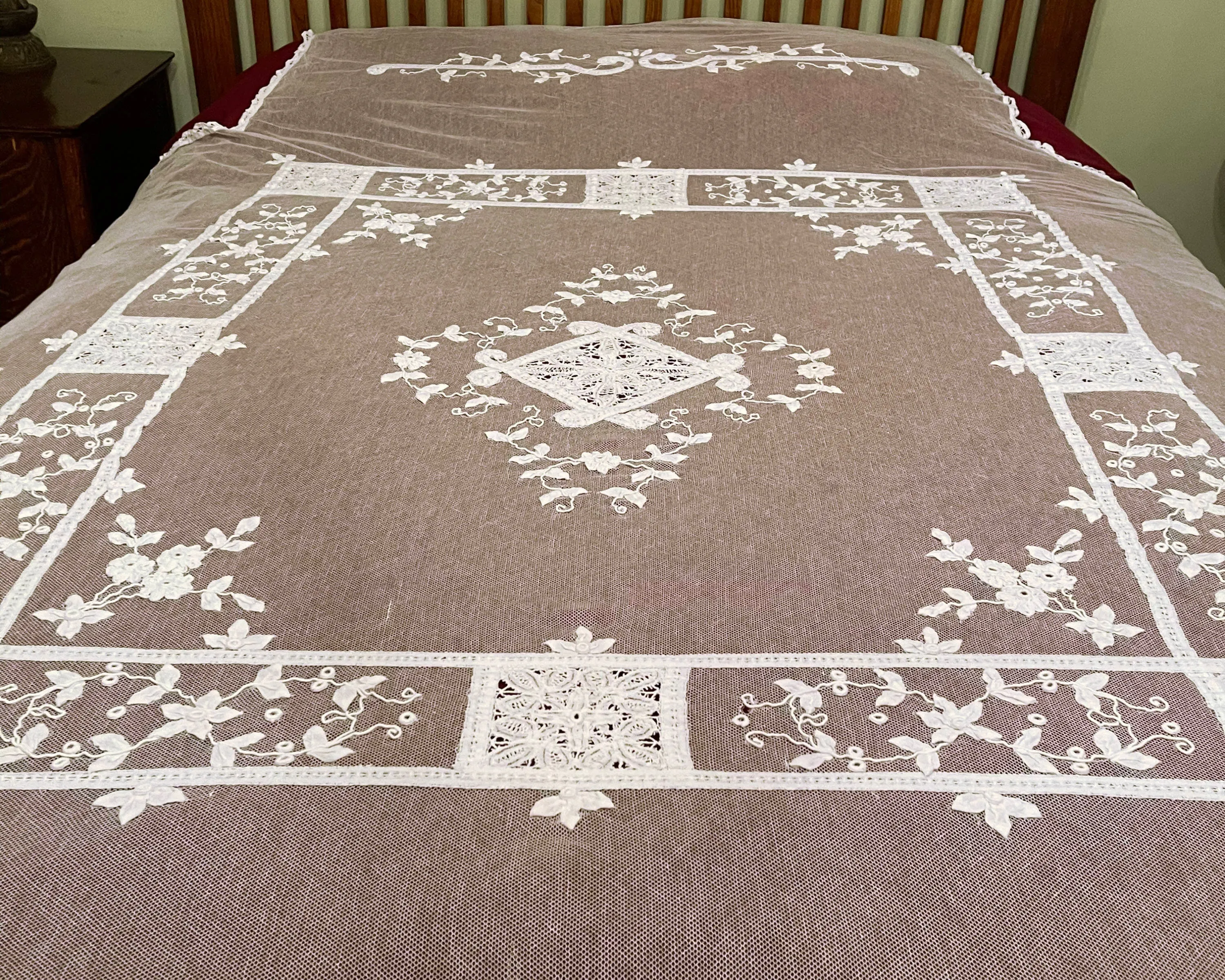 Antique French Tambour Lace Bedspread Floral Applique on Net