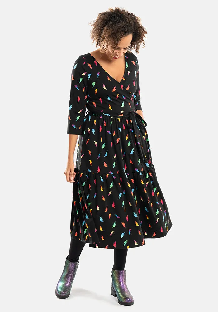 Ardin Lightning Bolt Print Tiered Hem Cotton Midi Dress