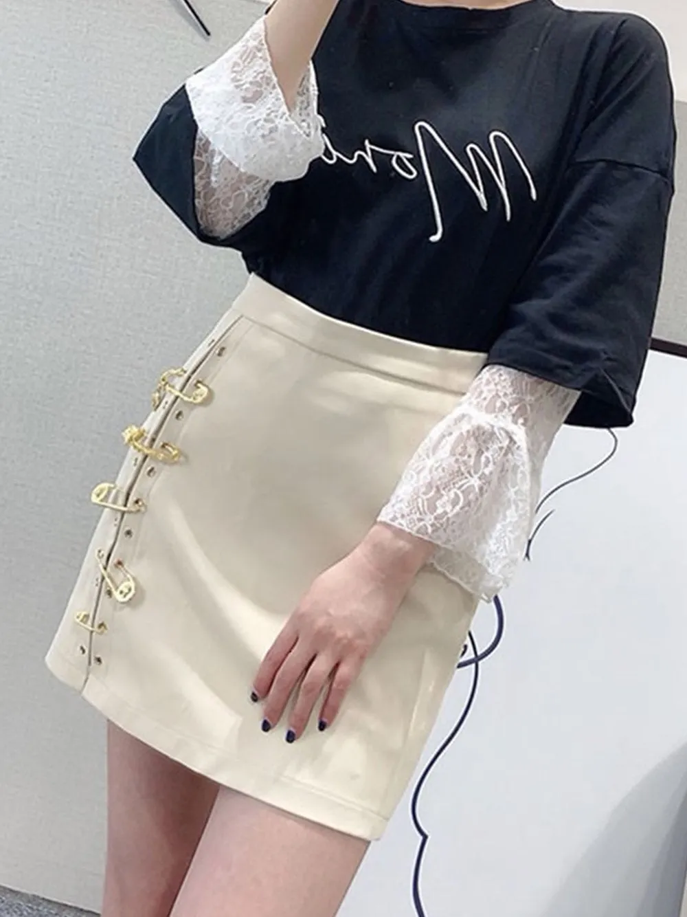 Asymmetrical Pins Leather Skirt