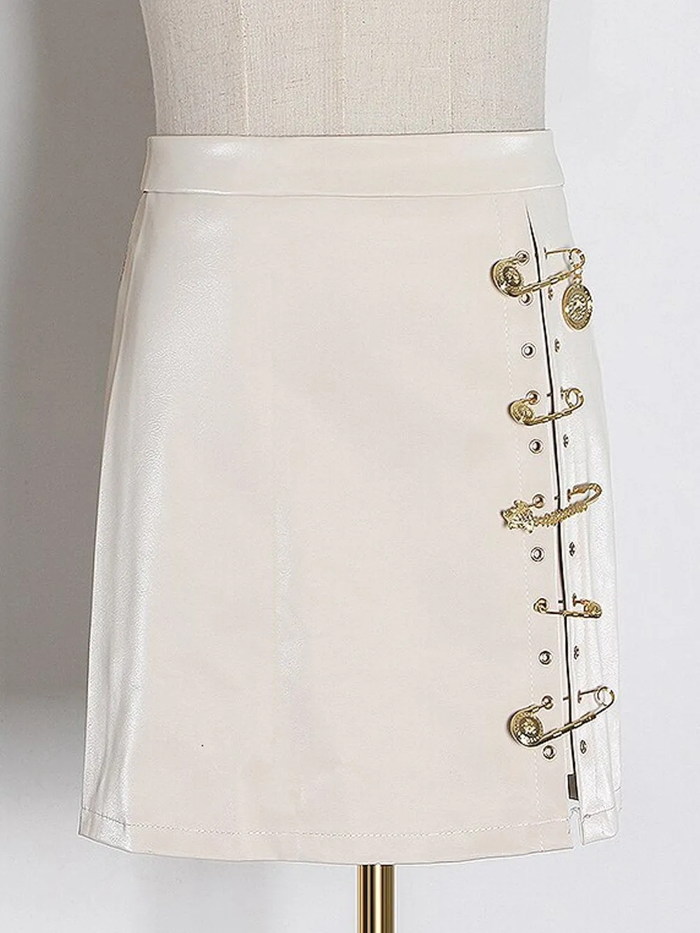 Asymmetrical Pins Leather Skirt