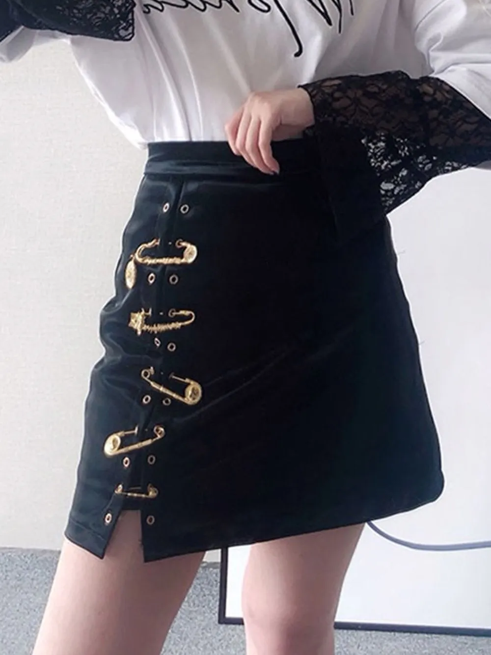 Asymmetrical Pins Leather Skirt