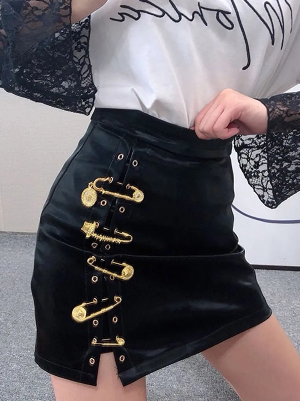 Asymmetrical Pins Leather Skirt