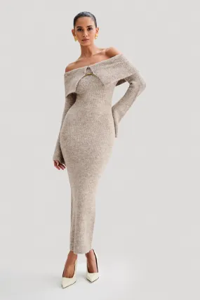 Baxter Off Shoulder Fluffy Knit Midi Dress - Taupe Marle