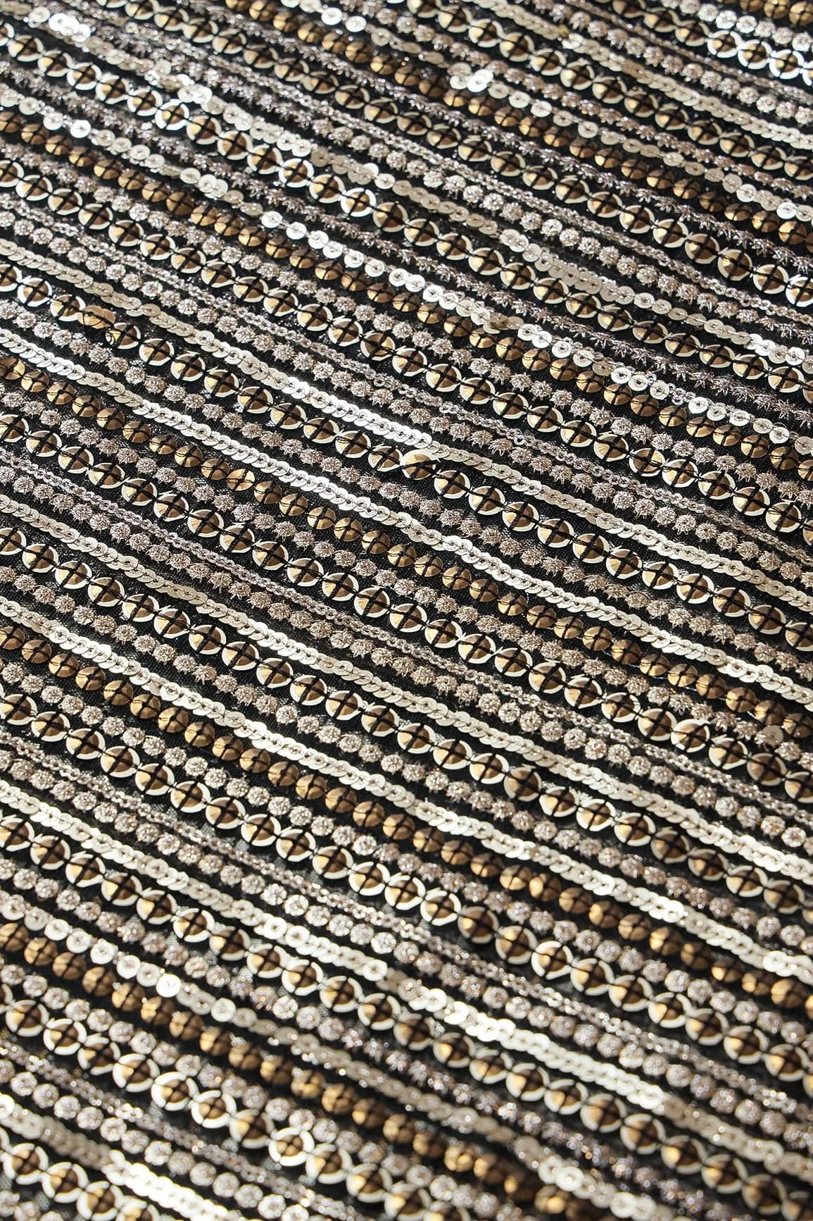 Beautiful Heavy Sequins With Zari Stripes Embroidery On Black Soft Net Fabric