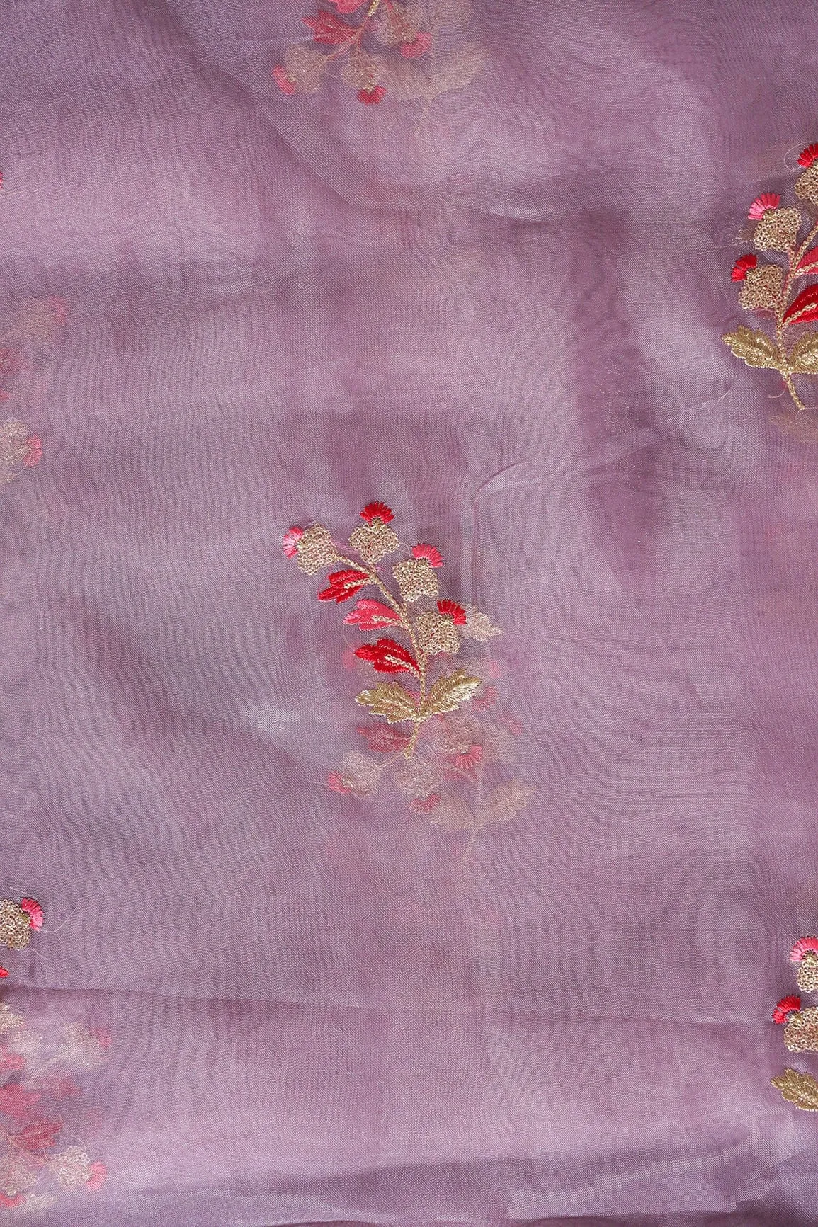 Beautiful Multi Color Leafy Embroidery Work On Lilac Purple Tissue Fabric