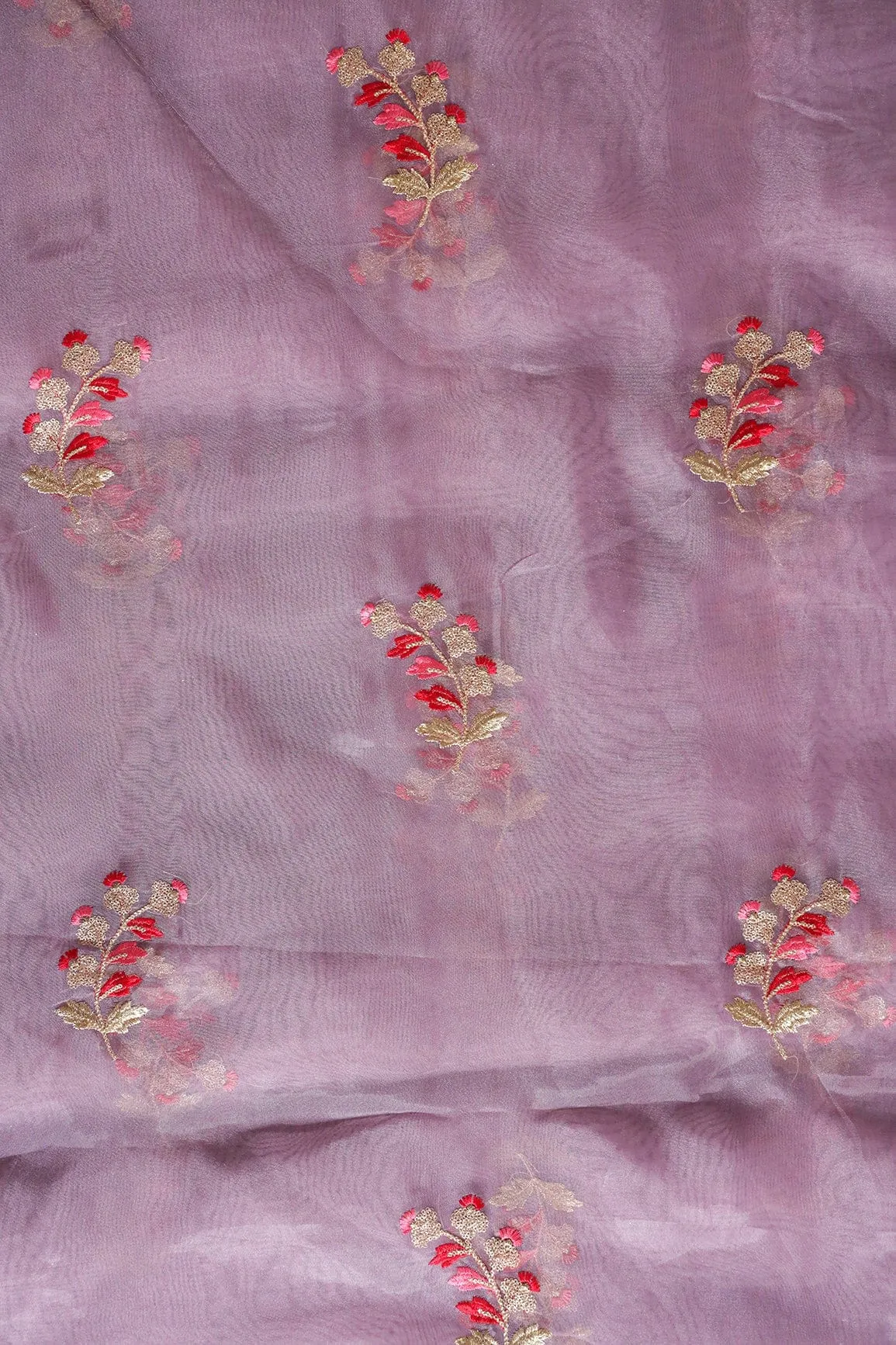 Beautiful Multi Color Leafy Embroidery Work On Lilac Purple Tissue Fabric