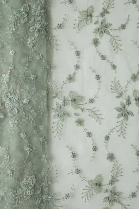 Beautiful Olive Thread With Sequins Floral Embroidery Work On Dusty Olive Soft Net Fabric