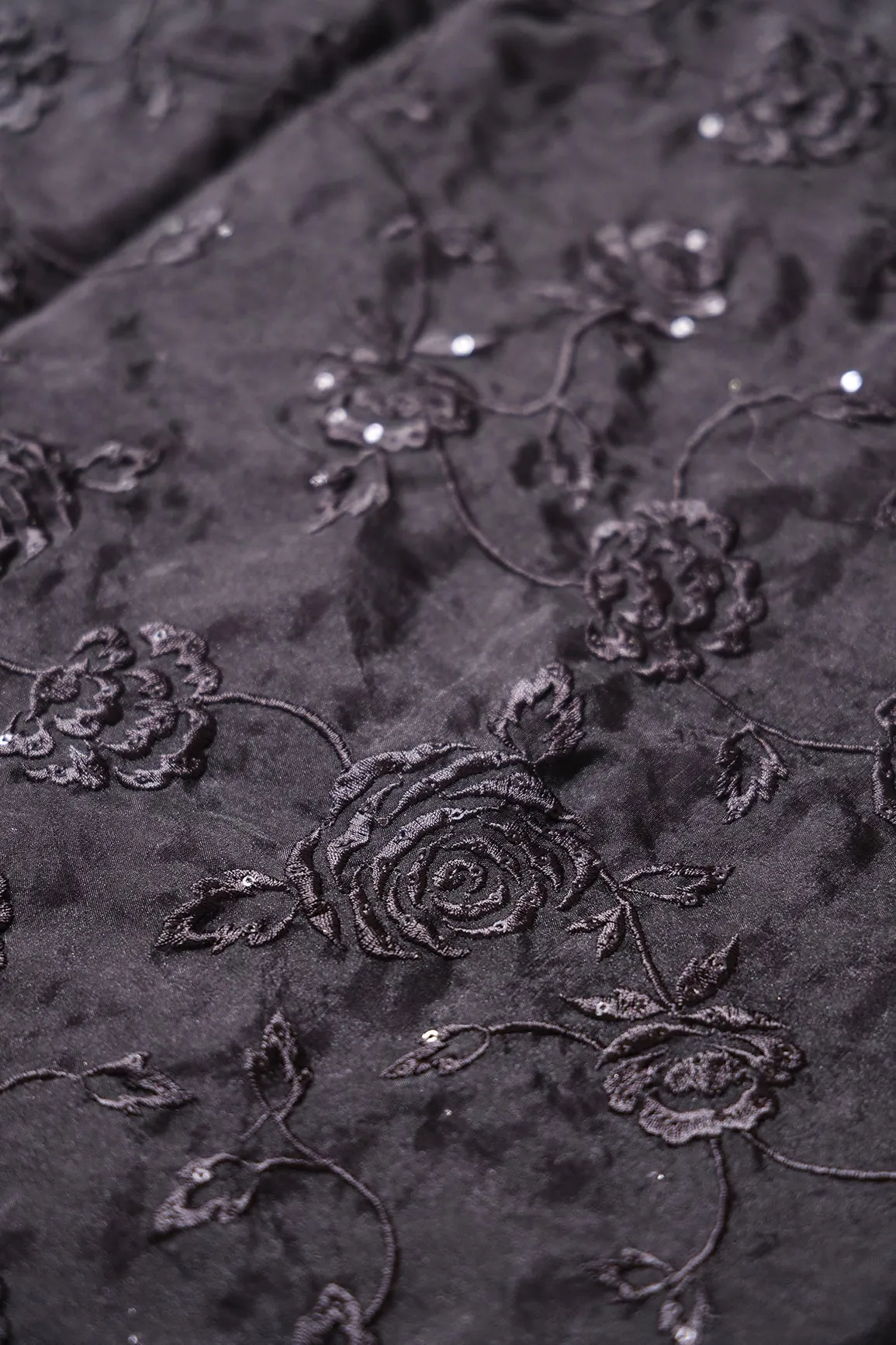 Beautiful Water Sequins With Thread Floral Embroidery On Black Organza Fabric