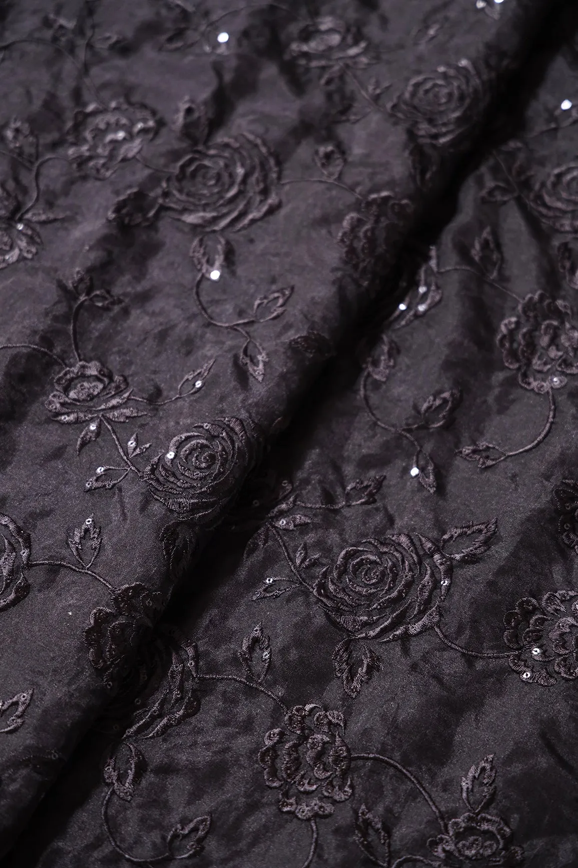 Beautiful Water Sequins With Thread Floral Embroidery On Black Organza Fabric