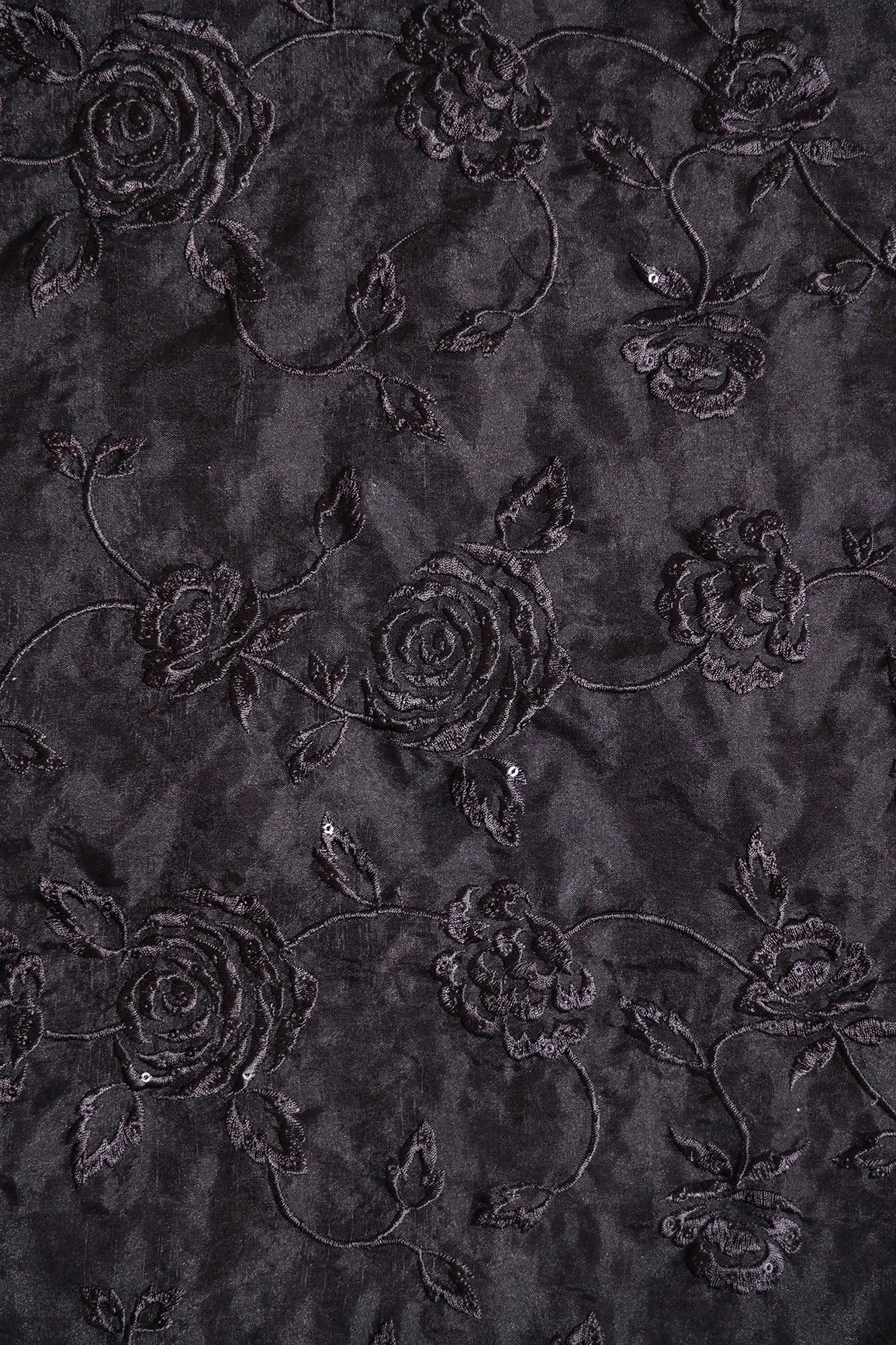 Beautiful Water Sequins With Thread Floral Embroidery On Black Organza Fabric